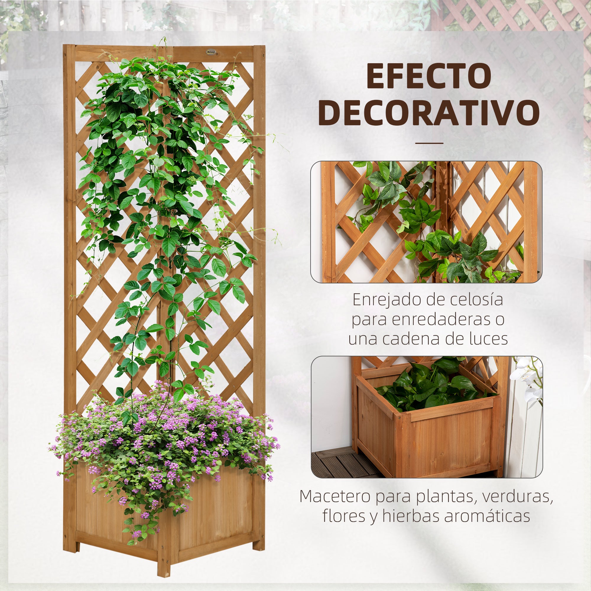Outsunny Jardinera con Enrejado de Madera Macetero con Enrejado Jardinera Rectangular para Trepadoras Cultivos Plantas Flores Decoración en Exterior Esquina 40x40x145 cm Natural