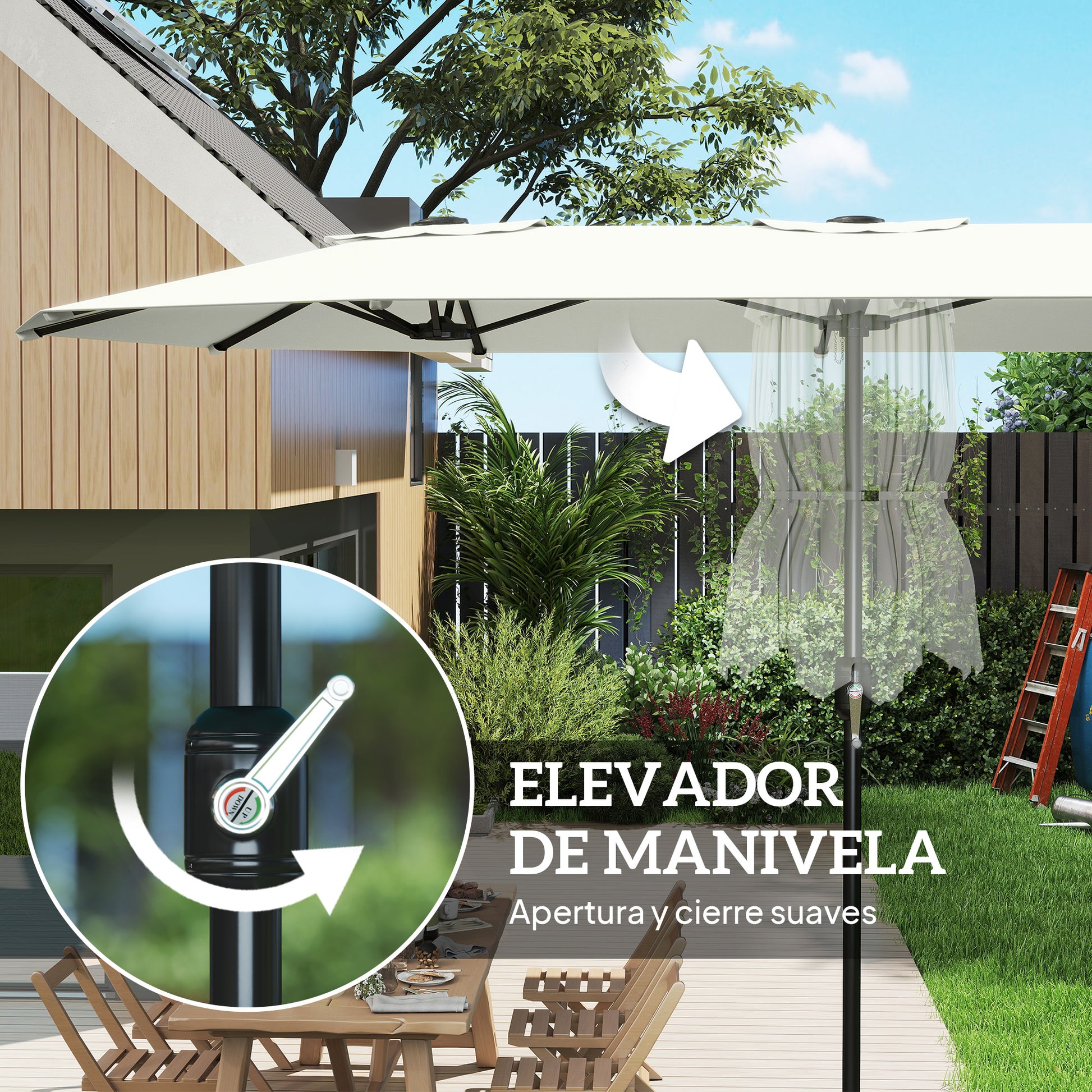 Outsunny Sombrilla Doble 4,6x2,6 m, Sombrilla Terraza Exterior con Manivela Manual, Protección UV50+, Funda Protectora, Resistente al Agua, Parasol para Jardín, Terraza, Patio, Blanco Crema