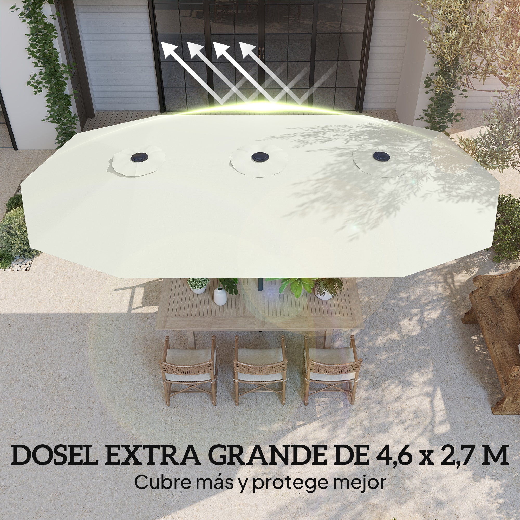 Outsunny Sombrilla Doble 4,6x2,6 m, Sombrilla Terraza Exterior con Manivela Manual, Protección UV50+, Funda Protectora, Resistente al Agua, Parasol para Jardín, Terraza, Patio, Blanco Crema