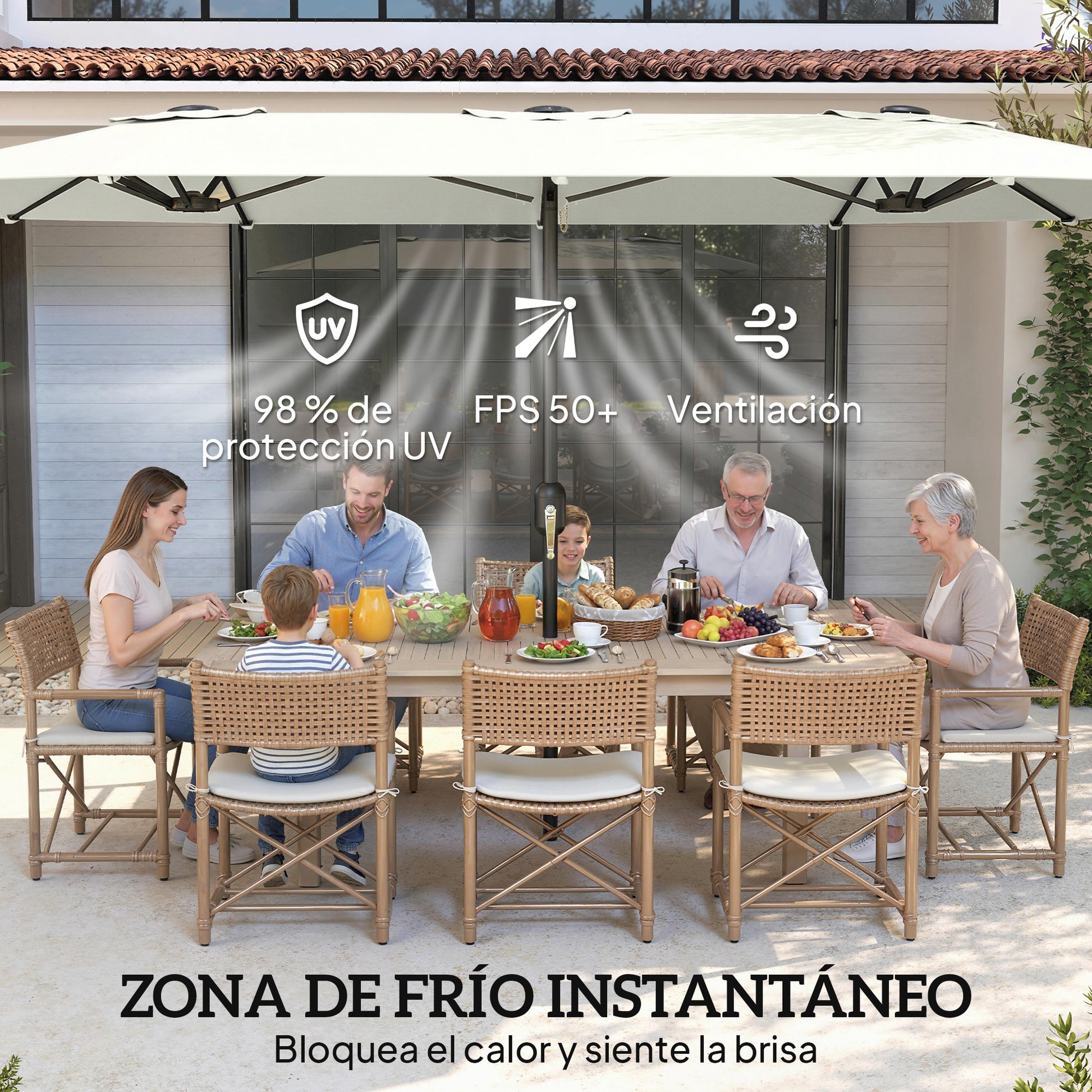 Outsunny Sombrilla Doble 4,6x2,6 m, Sombrilla Terraza Exterior con Manivela Manual, Protección UV50+, Funda Protectora, Resistente al Agua, Parasol para Jardín, Terraza, Patio, Blanco Crema