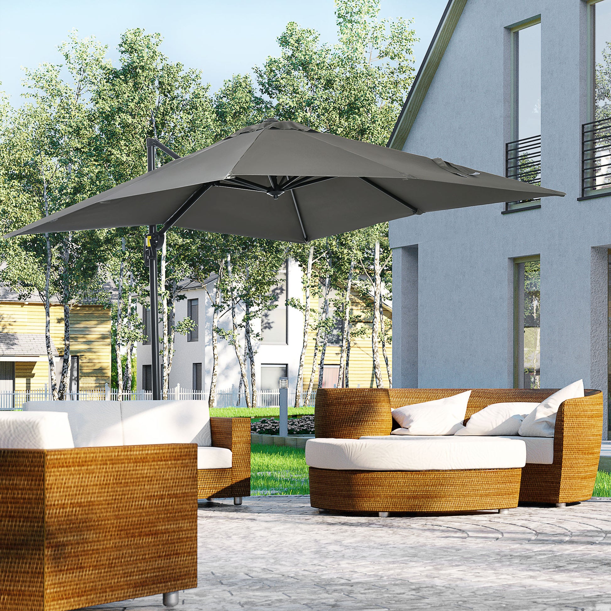 Outsunny Sombrilla de Jardín de Aluminio 245x245x245 cm Parasol Excéntrico con Manivela Giratorio 360° Inclinación de 5 Niveles Tela Desmontable Gris