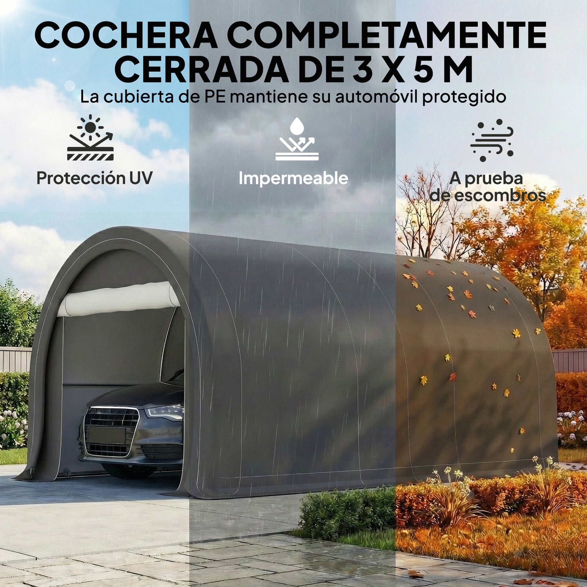 Outsunny Carpa Garaje Portátil 3x5 m, Garaje Exterior para Coche Impermeable con Puerta Enrollable con Cremallera, Estructura de Acero Galvanizado, UPF30+, Cobertizo de Almacenamiento, Gris