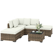 Outsunny Conjunto de Jardín de Ratán de 6 Piezas, Conjunto Terraza Resistente, Muebles Jardín Exterior Incluye Cojines, 4 Módulos de Asiento, 1 Sofá Esquinero y Mesa Centro de Vidrio, Amarillo Mixto