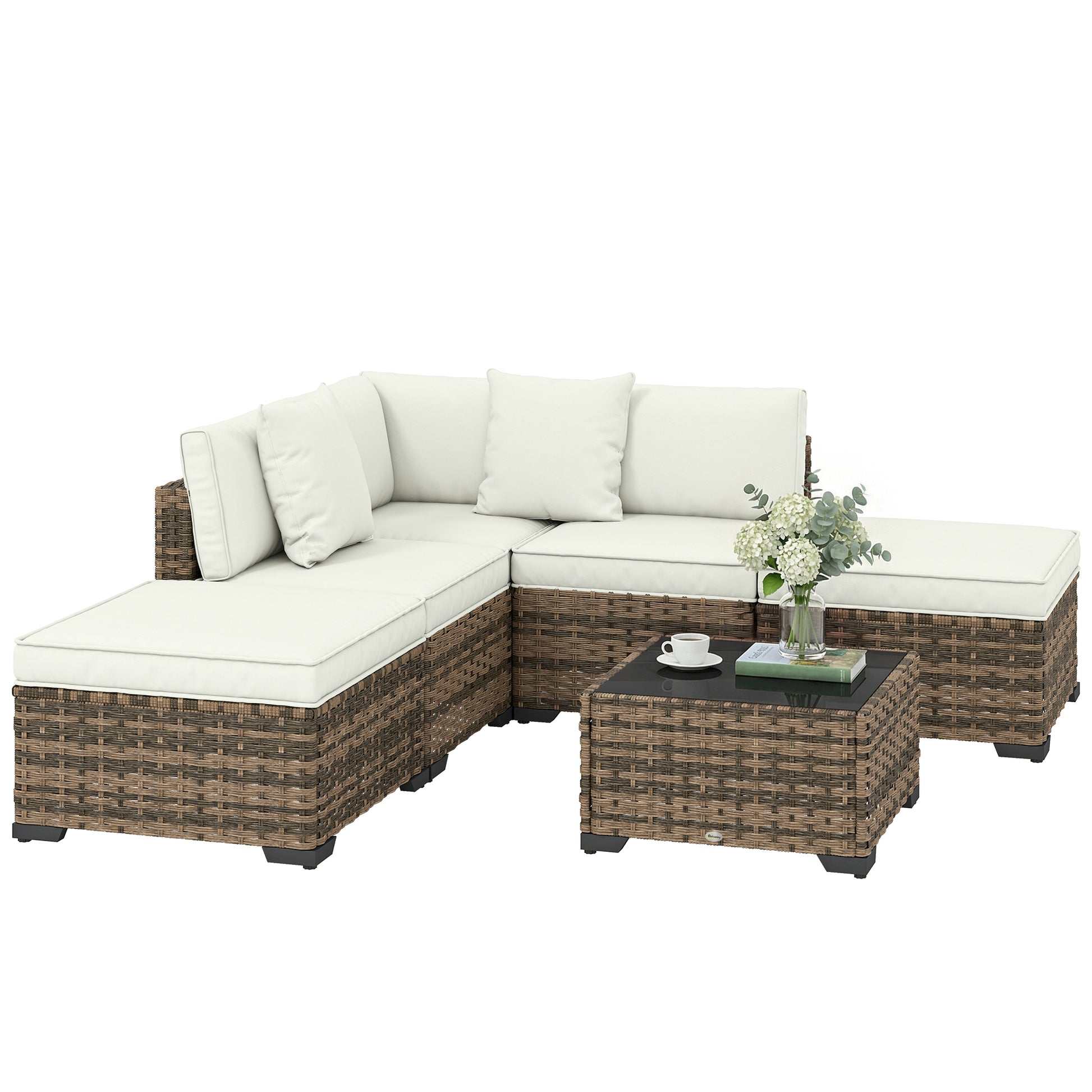 Outsunny Conjunto de Jardín de Ratán de 6 Piezas, Conjunto Terraza Resistente, Muebles Jardín Exterior Incluye Cojines, 4 Módulos de Asiento, 1 Sofá Esquinero y Mesa Centro de Vidrio, Amarillo Mixto