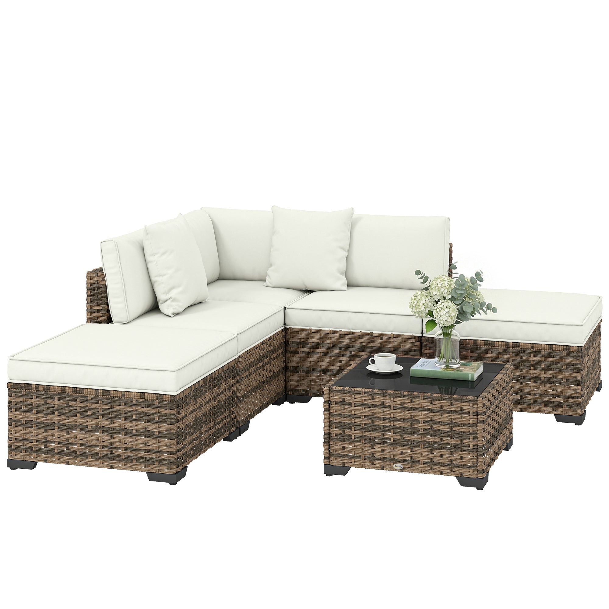 Outsunny Conjunto de Jardín de Ratán de 6 Piezas, Conjunto Terraza Resistente, Muebles Jardín Exterior Incluye Cojines, 4 Módulos de Asiento, 1 Sofá Esquinero y Mesa Centro de Vidrio, Amarillo Mixto