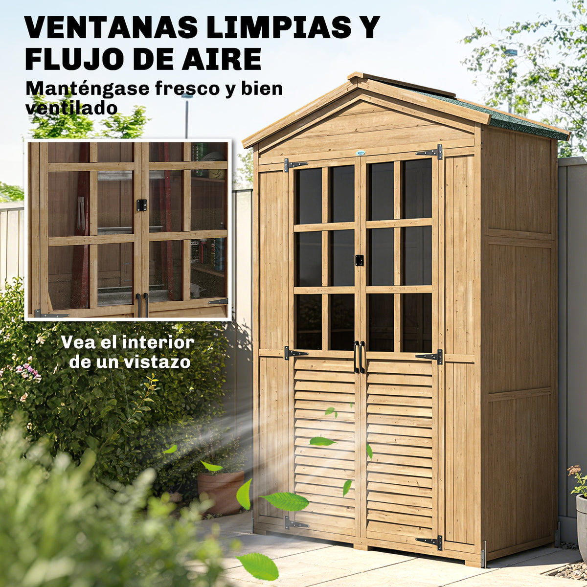 Outsunny Caseta de Jardín de Madera, Cobertizo Jardín Exterior Pequeño con Estantes y Ventanas de Acrílico, Techo de Asfalto y Puertas con Pestillo, para Herramientas, 128x57,5x197 cm, Marrón Claro