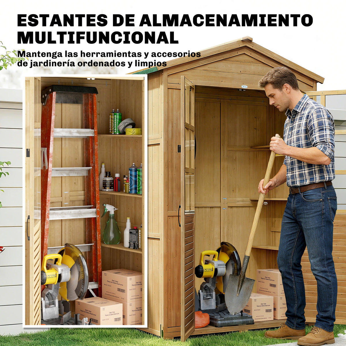 Outsunny Caseta de Jardín de Madera, Cobertizo Jardín Exterior Pequeño con Estantes y Ventanas de Acrílico, Techo de Asfalto y Puertas con Pestillo, para Herramientas, 128x57,5x197 cm, Marrón Claro