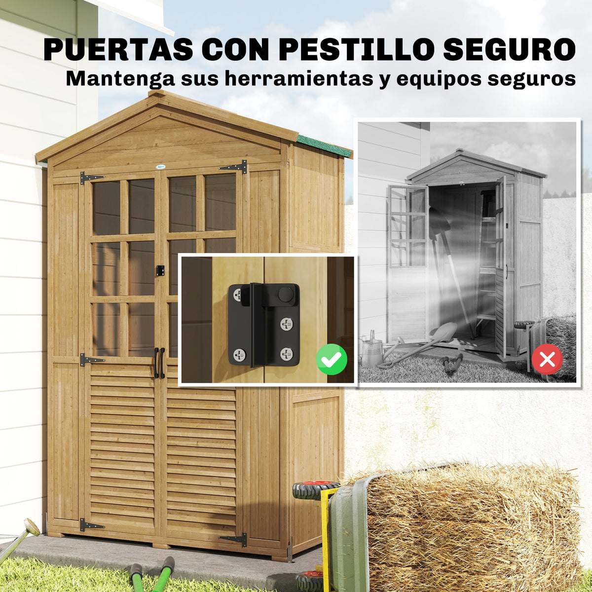 Outsunny Caseta de Jardín de Madera, Cobertizo Jardín Exterior Pequeño con Estantes y Ventanas de Acrílico, Techo de Asfalto y Puertas con Pestillo, para Herramientas, 128x57,5x197 cm, Marrón Claro