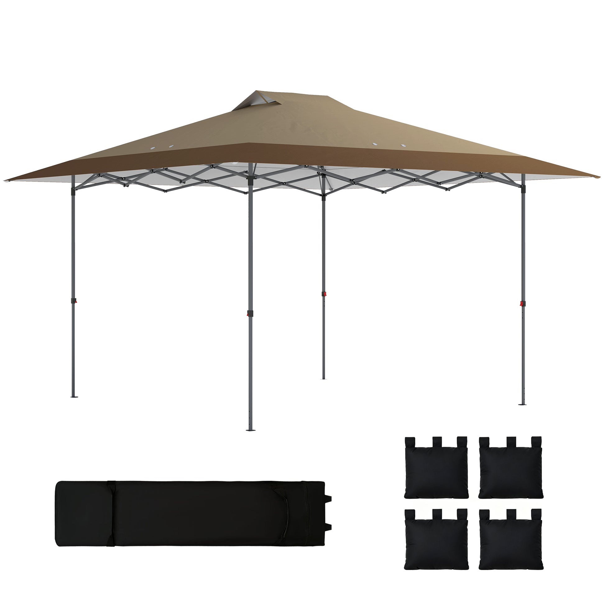 Outsunny Carpa Plegable Pop-up Gazebo 4x4 m, Cenador Plegable con Bloqueo Central, UPF50+, Altura Ajustable, 4 Bolsas de Arena y Bolsa de Transporte con Ruedas, para Camping, Fiestas, Beige y Café