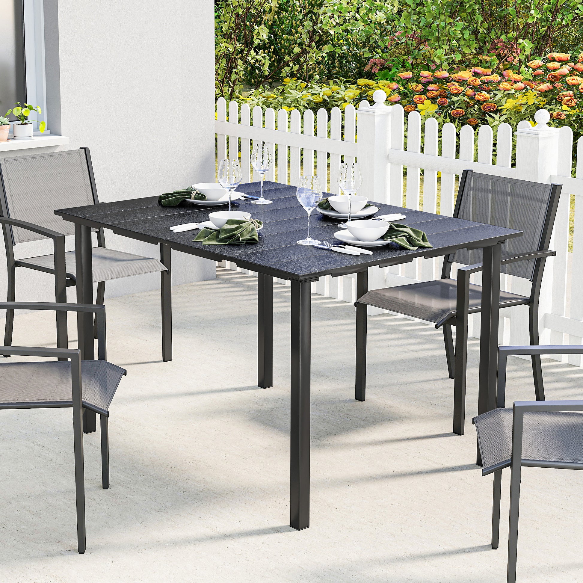 Outsunny Mesa de Comedor de Jardín Rectangular, Mesa de Terraza Exterior 120x90x74 cm, con Encimera de HDPE y Estructura Metálica, para 6 Personas, Carga 50 kg, para Patio, Balcón, Negro