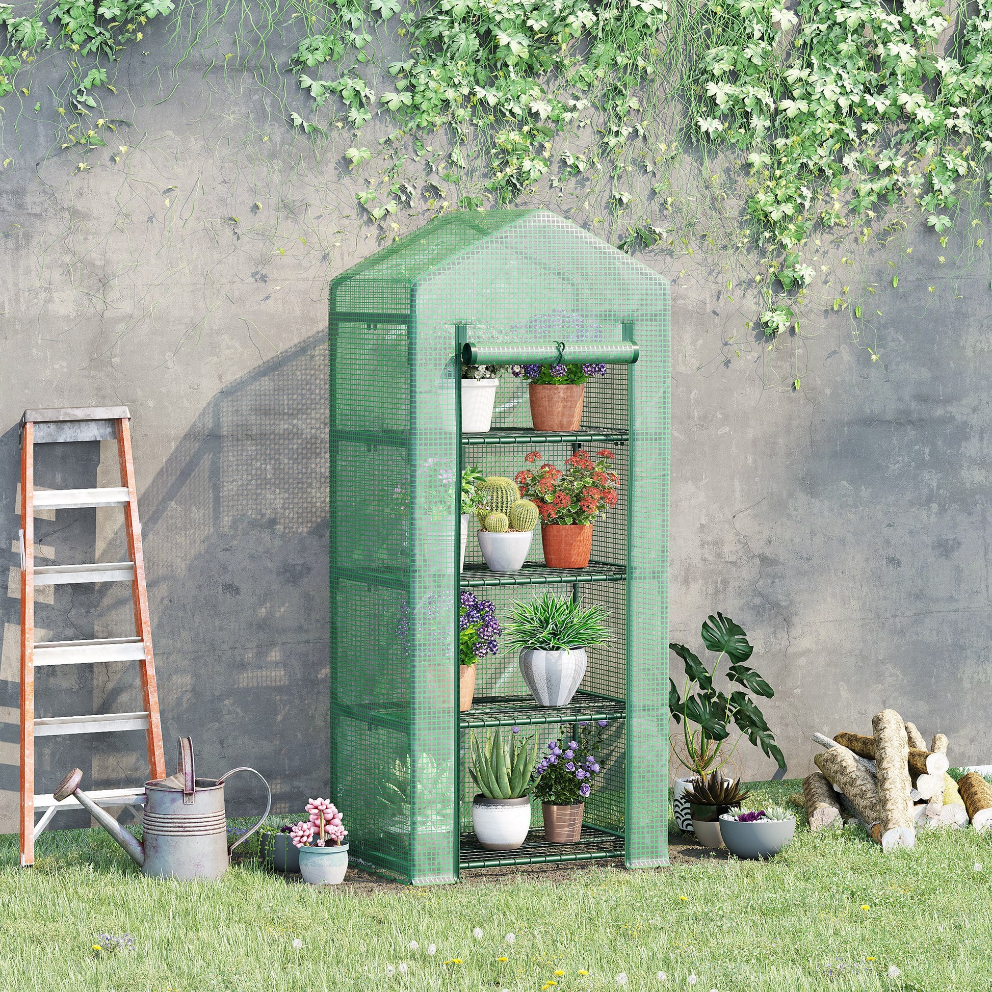 Outsunny Invernadero de Jardín con 4 Estantes y Cubierta de PE Tipo Caseta de Tubo Acero Vivero Casero para Cultivo de Plantas Flores Macetas 70x50x160 cm Verde