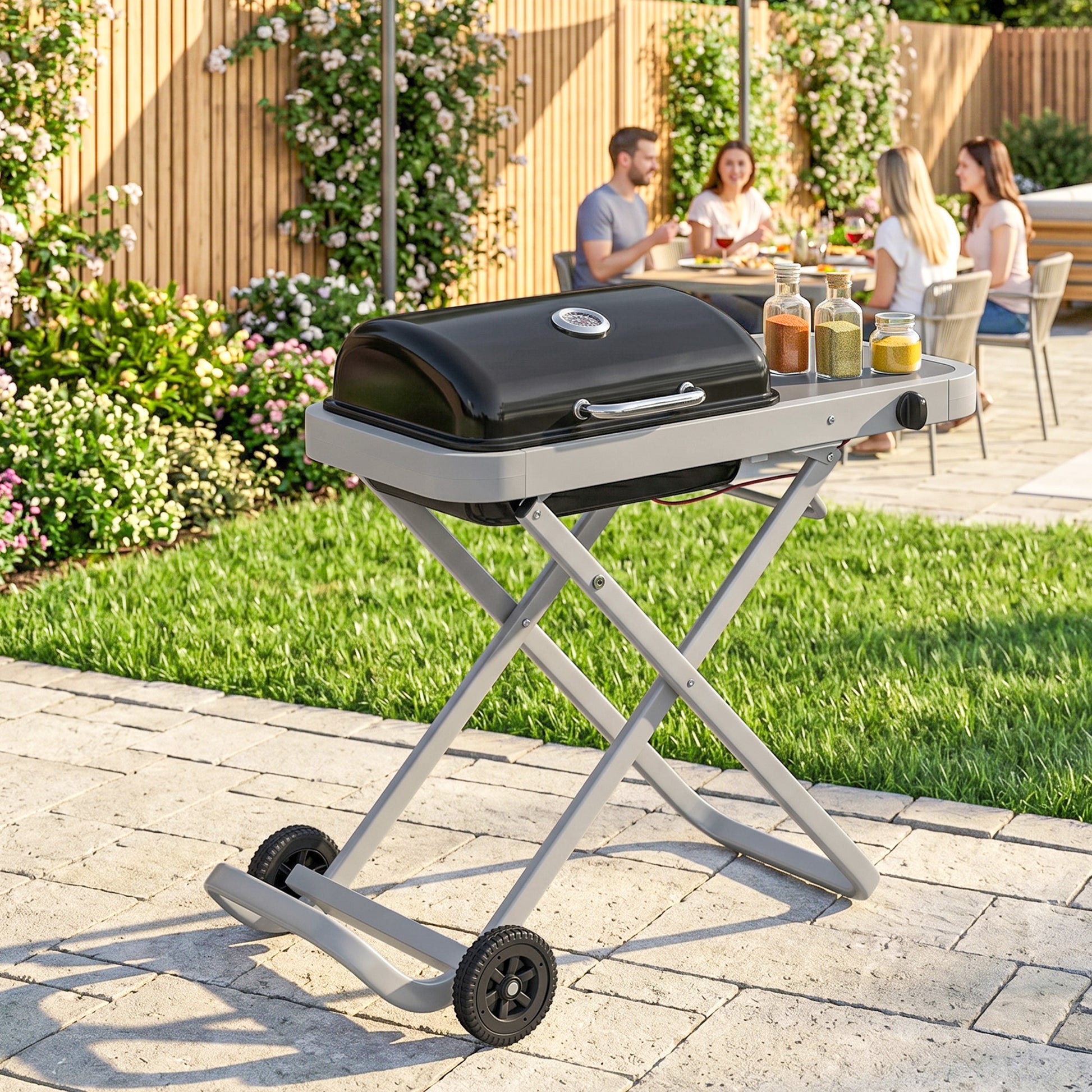 Outsunny Barbacoa de Gas Plegable, BBQ Gas con Quemador 2,5 kW, Barbacoa Portátil con Termómetro, Mesa Lateral, Parrilla de Hierro Fundido, Recogedor Grasa y 2 Ruedas para Jardín, Camping, Negro