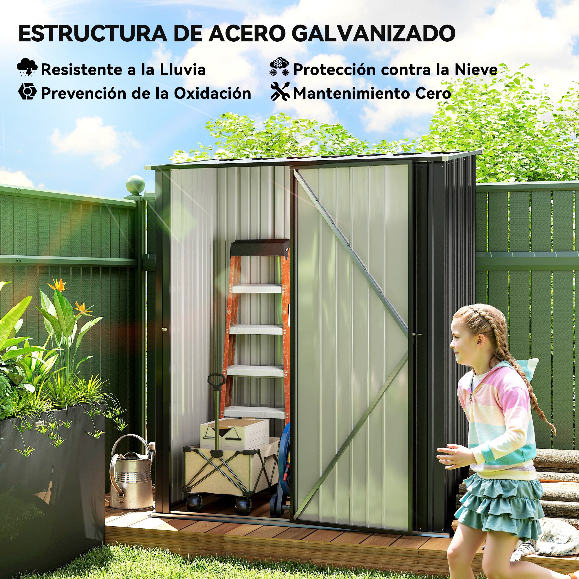 Outsunny Cobertizo de Jardín Exterior 1,34 m² 161,5x94,5x196 cm Caseta de Jardín Exterior Metálica con 1 Puerta y Cerradura para Almacenamiento de Herramientas para Patio Terraza Negro Carbón