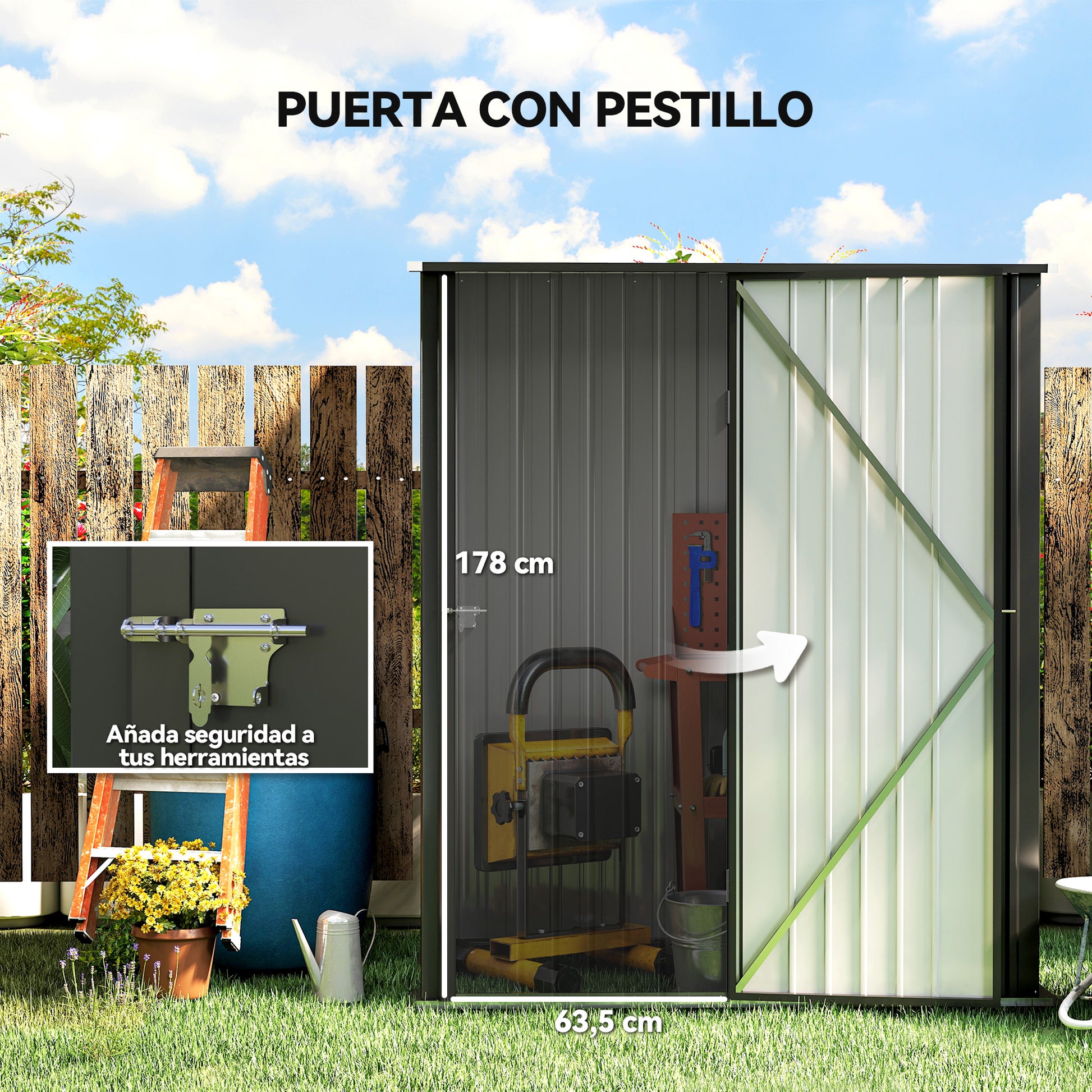 Outsunny Cobertizo de Jardín Exterior 1,34 m² 161,5x94,5x196 cm Caseta de Jardín Exterior Metálica con 1 Puerta y Cerradura para Almacenamiento de Herramientas para Patio Terraza Negro Carbón