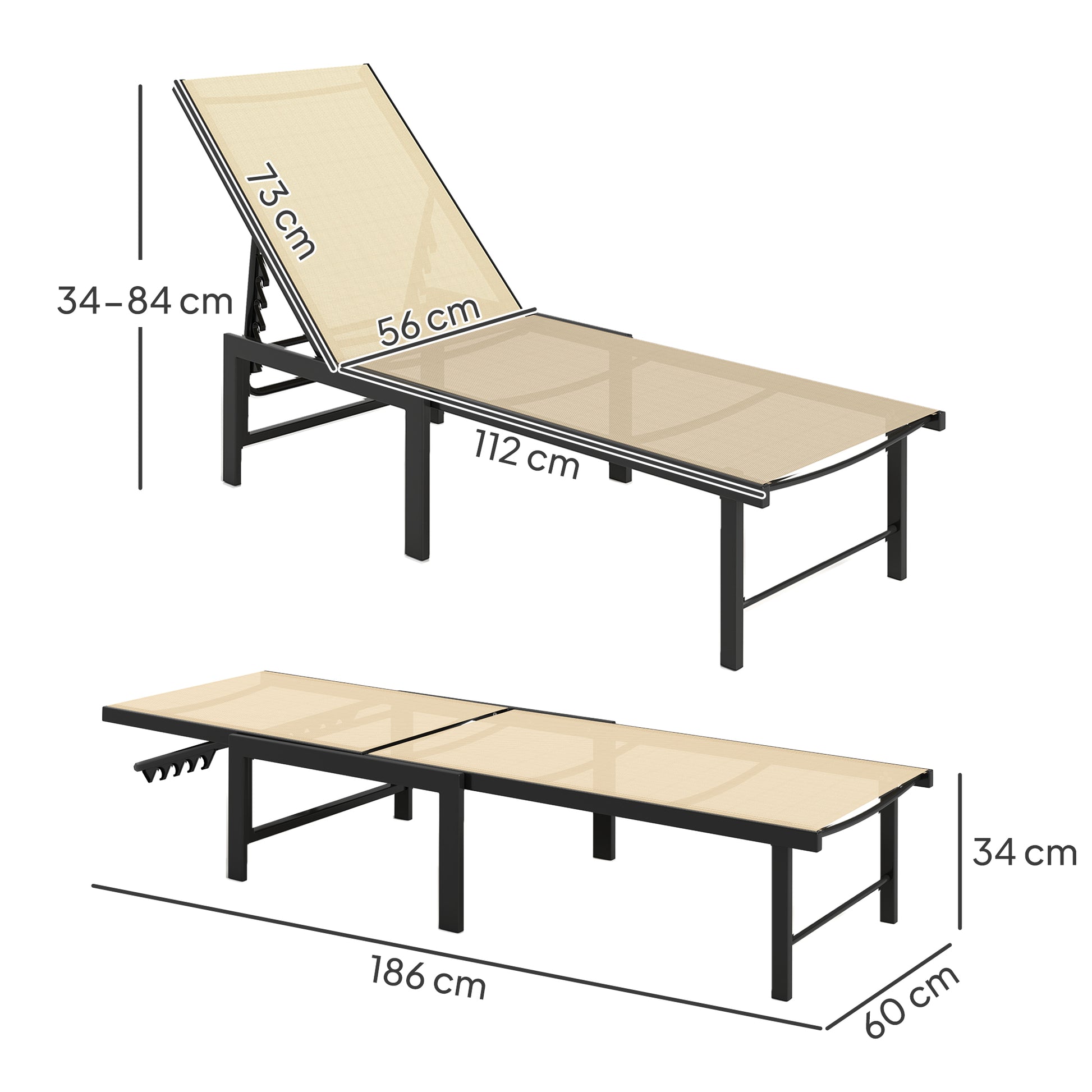 Outsunny Tumbona Jardín Exterior, Tumbona Reclinable con Respaldo Ajustable en 4 Niveles y Estructura de Acero, Impermeable, Carga 120 kg, para Patio, Terraza, Balcón, 166x60x84 cm, Caqui