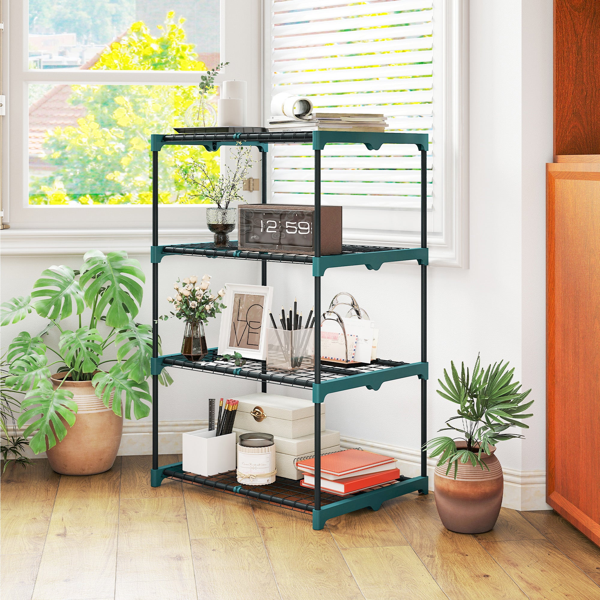 Outsunny Soporte para Plantas de 4 Niveles, Estantería para Plantas de Acero, Estantes de Rejilla, Soporte para Macetas, Interior y Exterior, 67x49x105 cm, Verde Oscuro