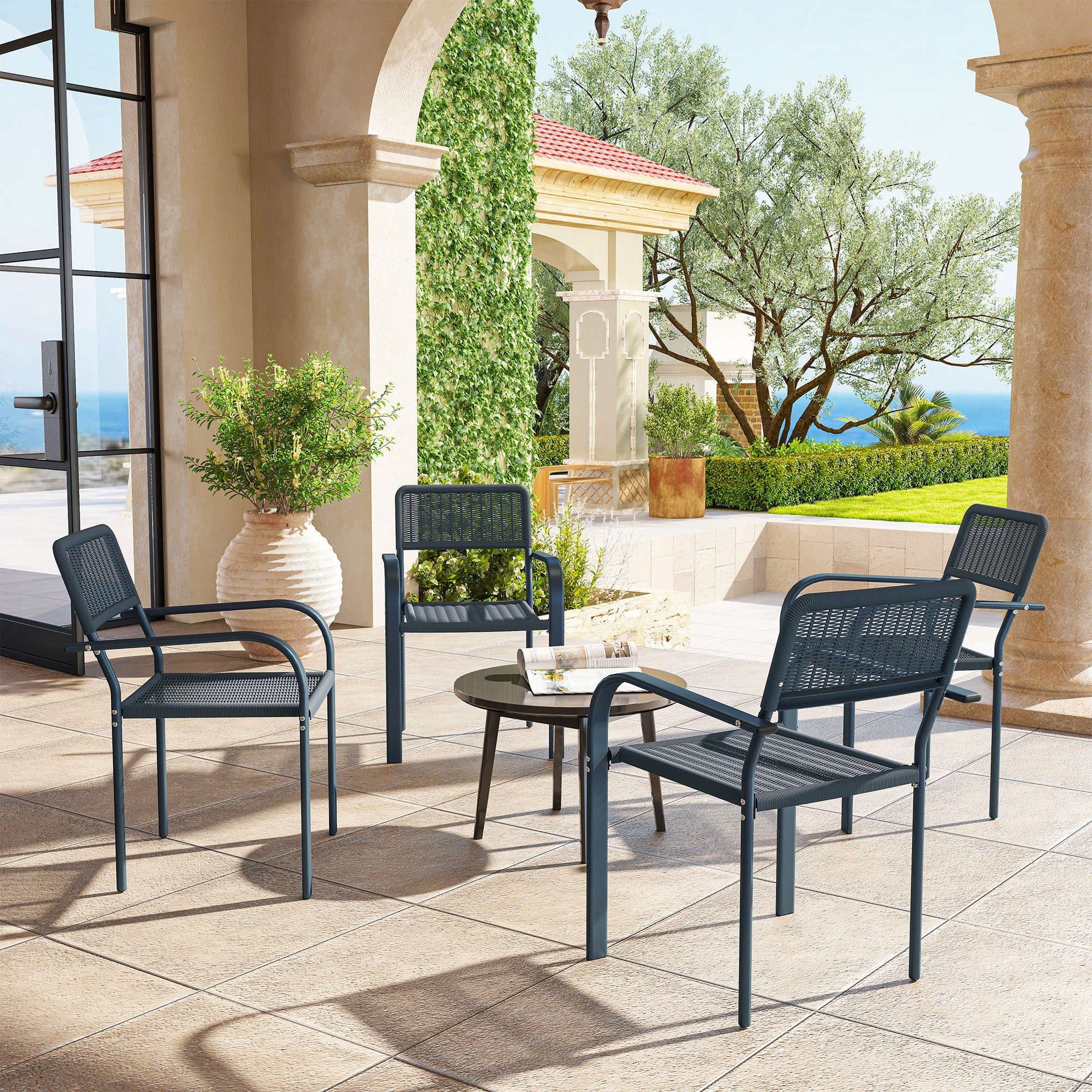 Outsunny Juego de 4 Sillas de Jardín Exterior Apilables, Sillas de Comedor Exterior Efecto Ratán, con Reposabrazos, Marco de Acero, Resistente a la Intemperie y Ligero, 55x60x83 cm, Gris Oscuro
