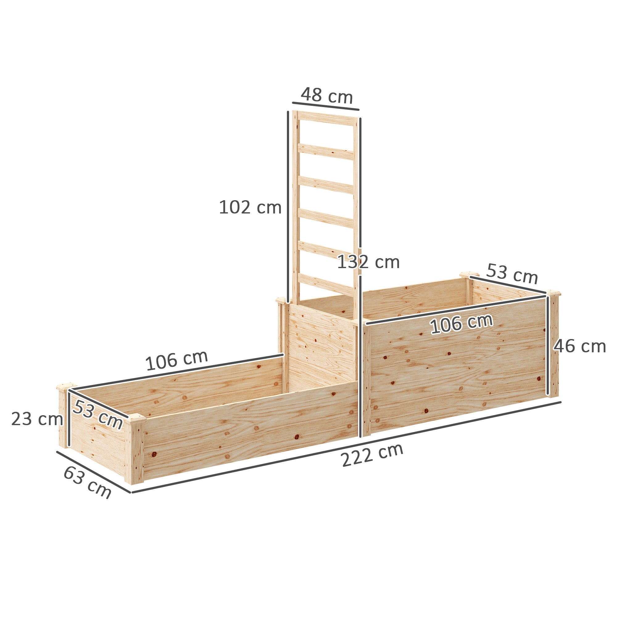 Outsunny Jardinera Exterior Grande de Madera Jardinera Elevada con Celosía para Plantas Trepadoras y 2 Cajas de Cultivo para Jardín Patio Terraza 222x63x132 cm Natural