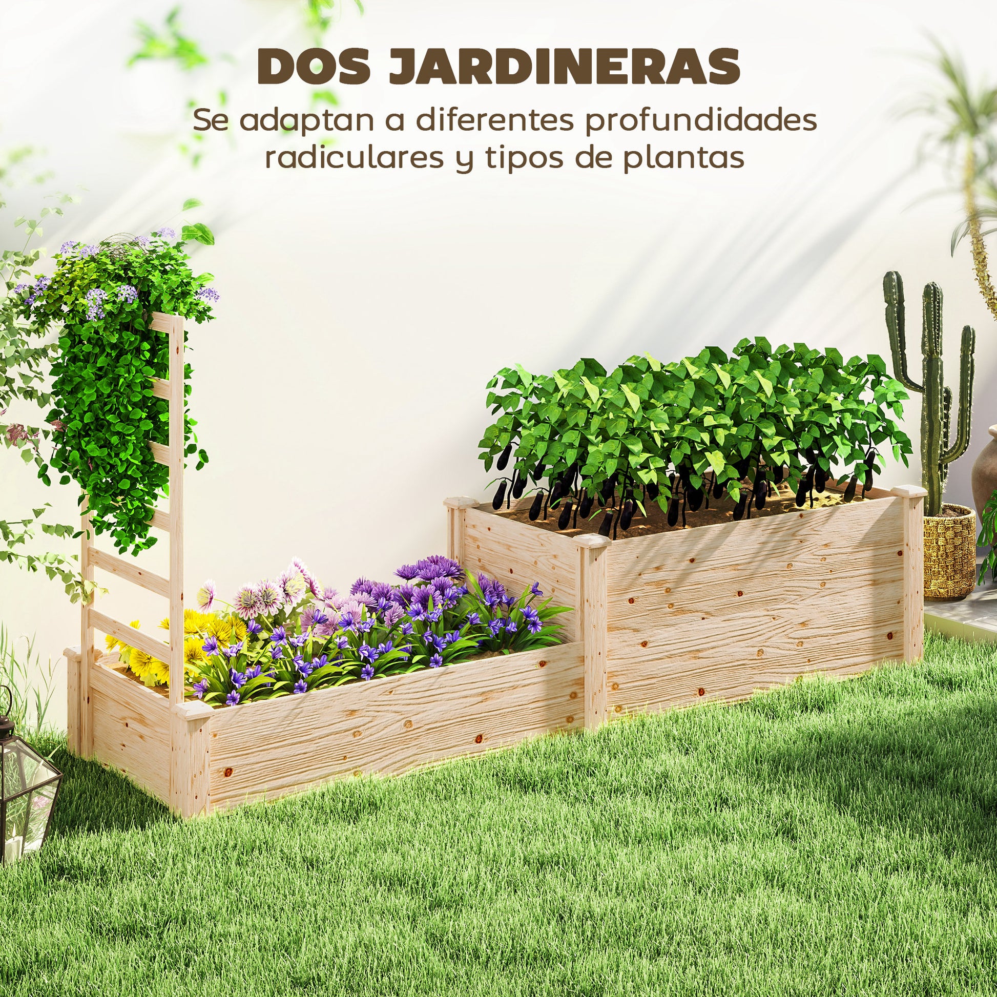 Outsunny Jardinera Exterior Grande de Madera Jardinera Elevada con Celosía para Plantas Trepadoras y 2 Cajas de Cultivo para Jardín Patio Terraza 222x63x132 cm Natural
