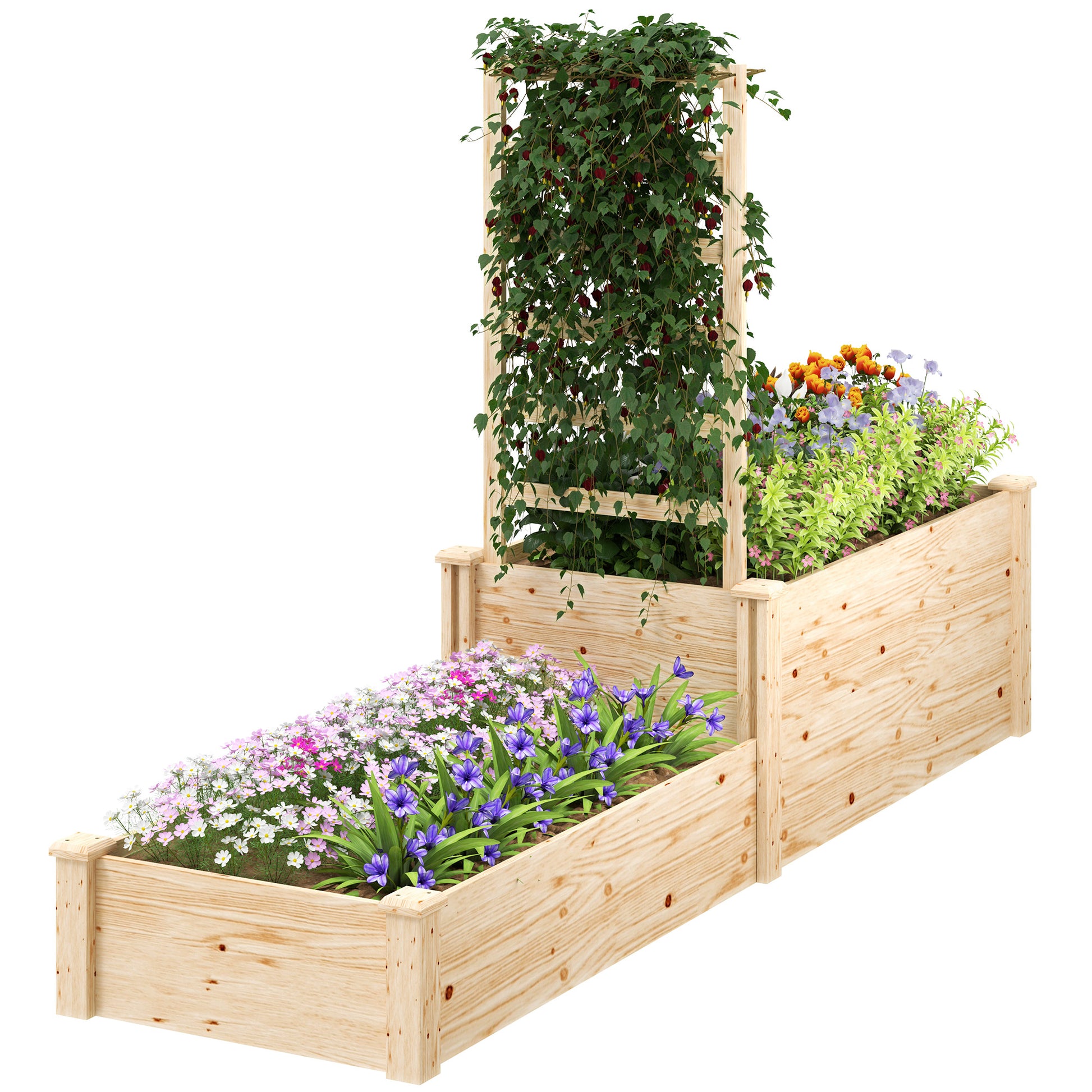 Outsunny Jardinera Exterior Grande de Madera Jardinera Elevada con Celosía para Plantas Trepadoras y 2 Cajas de Cultivo para Jardín Patio Terraza 222x63x132 cm Natural