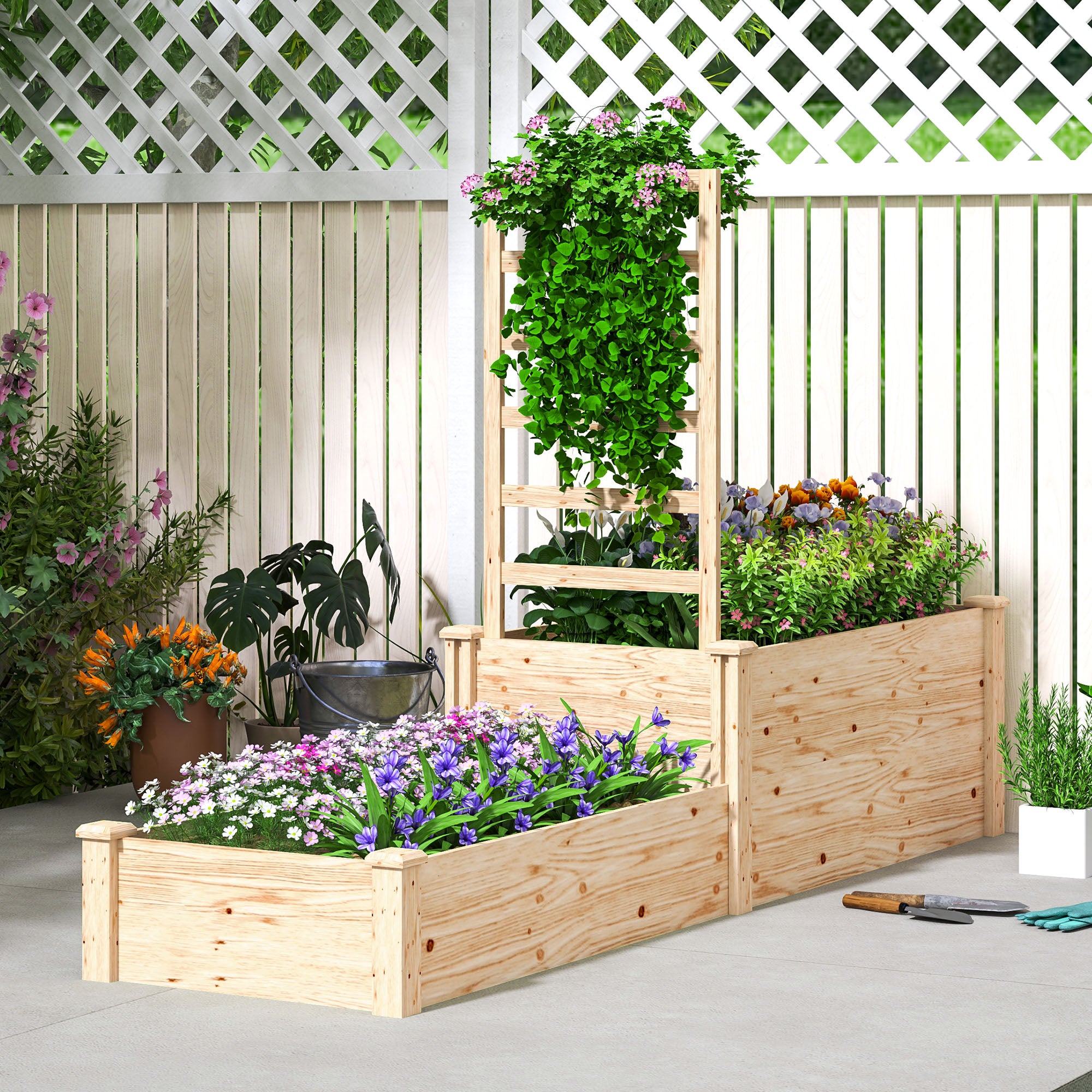 Outsunny Jardinera Exterior Grande de Madera Jardinera Elevada con Celosía para Plantas Trepadoras y 2 Cajas de Cultivo para Jardín Patio Terraza 222x63x132 cm Natural