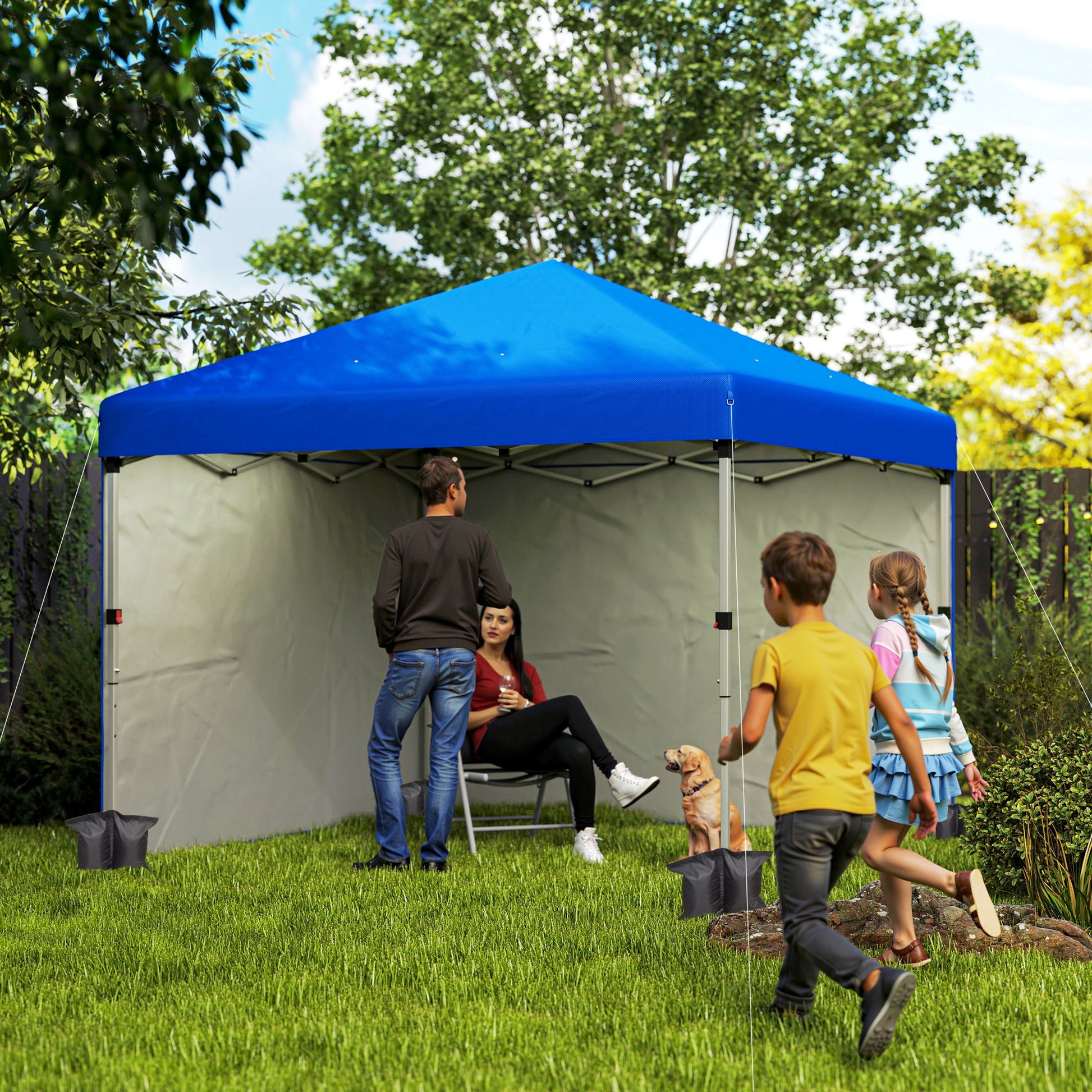 Outsunny Carpa Plegable Pop-up Gazebo 3x3 m Cenador Plegable con 2 Paredes Laterales Anti-UV Altura Ajustable en 3 Niveles Sacos de Arena y Bolsa de Transporte con Ruedas para Camping Fiestas Azul