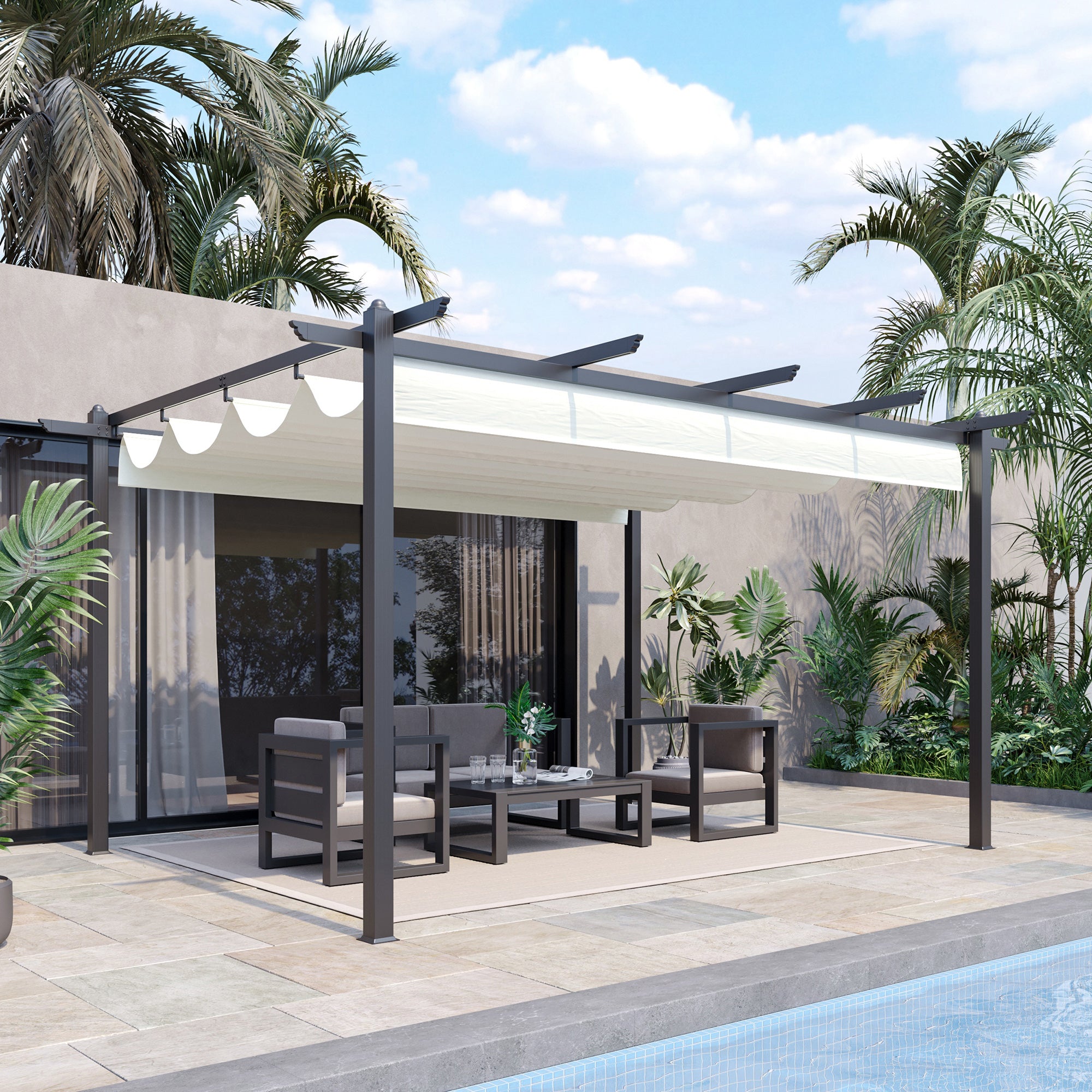 Outsunny Pérgola con Techo Retráctil Pérgola de Aluminio 4x3 m Cenador con Tela de Poliéster Resistente al Agua Pabellón para Jardín Patio Terraza Exterior Crema