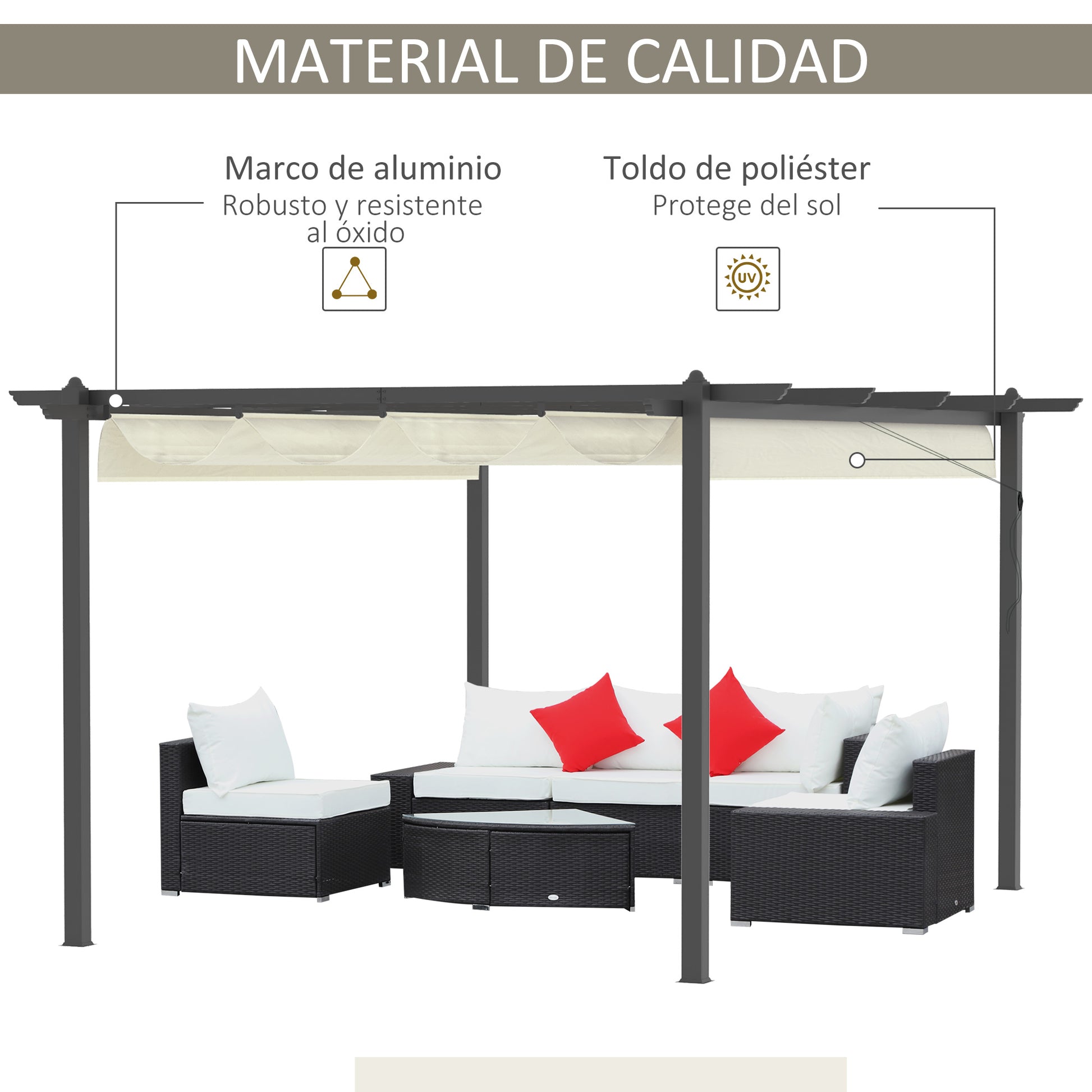 Outsunny Pérgola con Techo Retráctil Pérgola de Aluminio 4x3 m Cenador con Tela de Poliéster Resistente al Agua Pabellón para Jardín Patio Terraza Exterior Crema