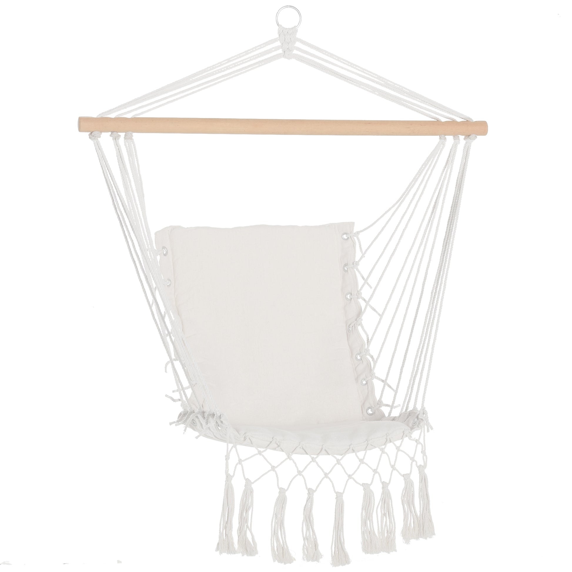Outsunny Silla Colgante con Borlas Silla Columpio de Algodón Carga 120 kg Sillón Colgante Estilo Moderno para Interior y Exterior Blanco