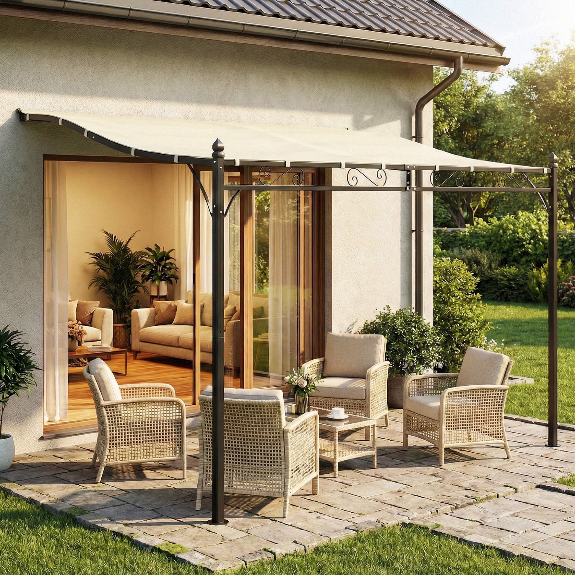 Outsunny Pérgola de Pared de Jardín 2,5x3,5 m, Cenador de Jardín con Techo Inclinado, Orificios de Drenaje y Estructura Metálica Resistente, UPF30, Gazebo para Patio, Terraza, Balcón, Blanco Crema