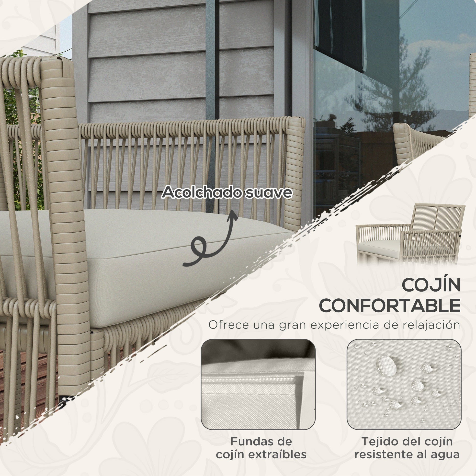 Outsunny Conjunto de Muebles de Jardín de Ratán Juego de 4 Piezas Muebles de Terraza con 1 Sofá de 2 Plazas 2 Sillones Cojines y 1 Mesa de Centro de Tablero de Vidrio para Patio Caqui