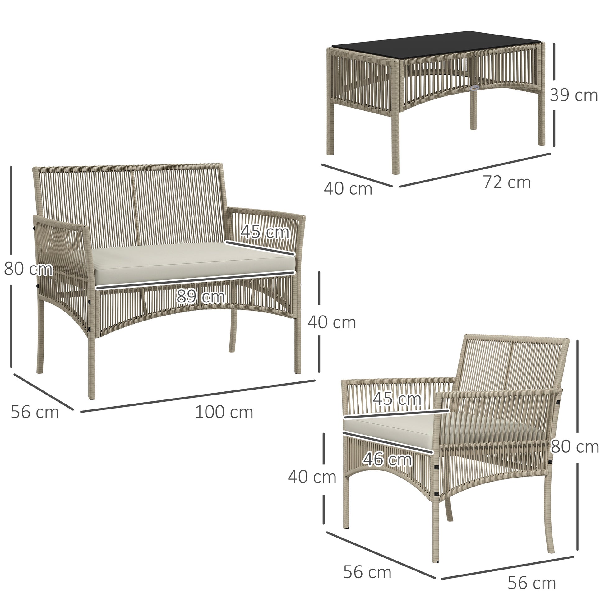 Outsunny Conjunto de Muebles de Jardín de Ratán Juego de 4 Piezas Muebles de Terraza con 1 Sofá de 2 Plazas 2 Sillones Cojines y 1 Mesa de Centro de Tablero de Vidrio para Patio Caqui