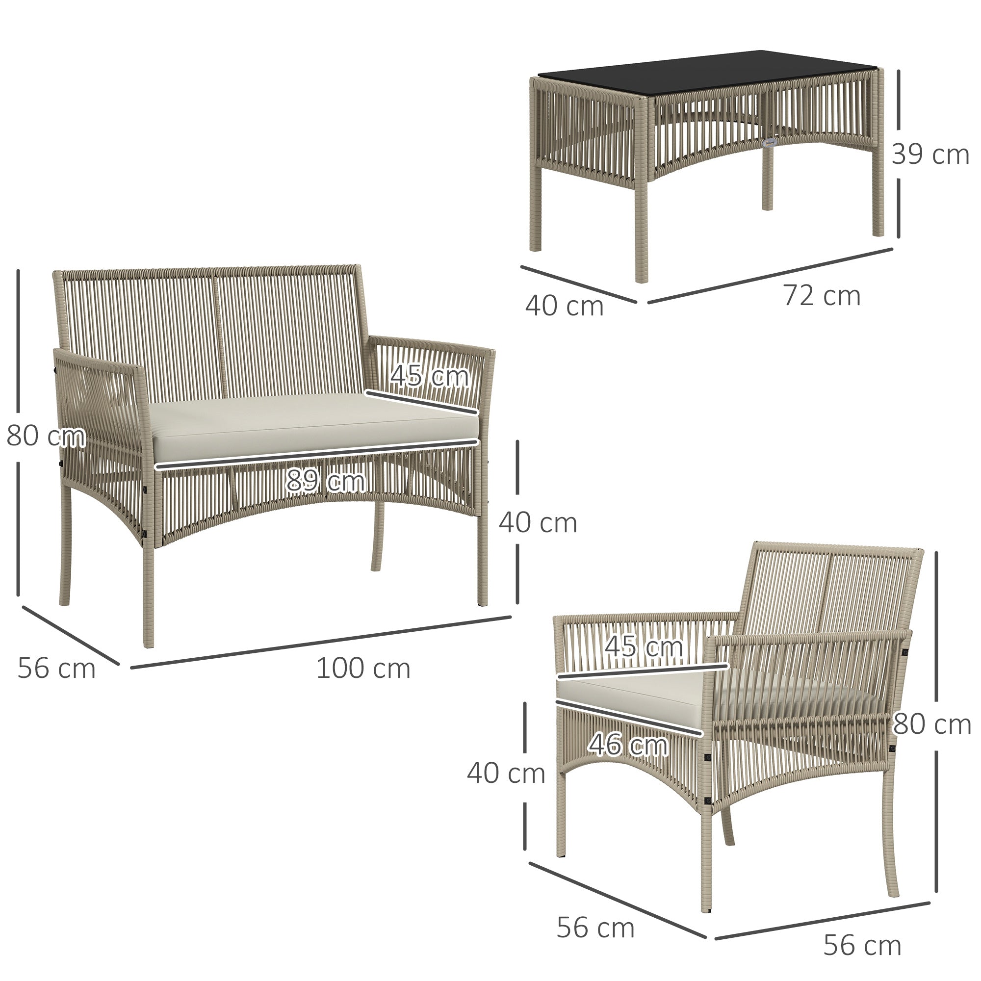 Outsunny Conjunto de Muebles de Jardín de Ratán Juego de 4 Piezas Muebles de Terraza con 1 Sofá de 2 Plazas 2 Sillones Cojines y 1 Mesa de Centro de Tablero de Vidrio para Patio Caqui