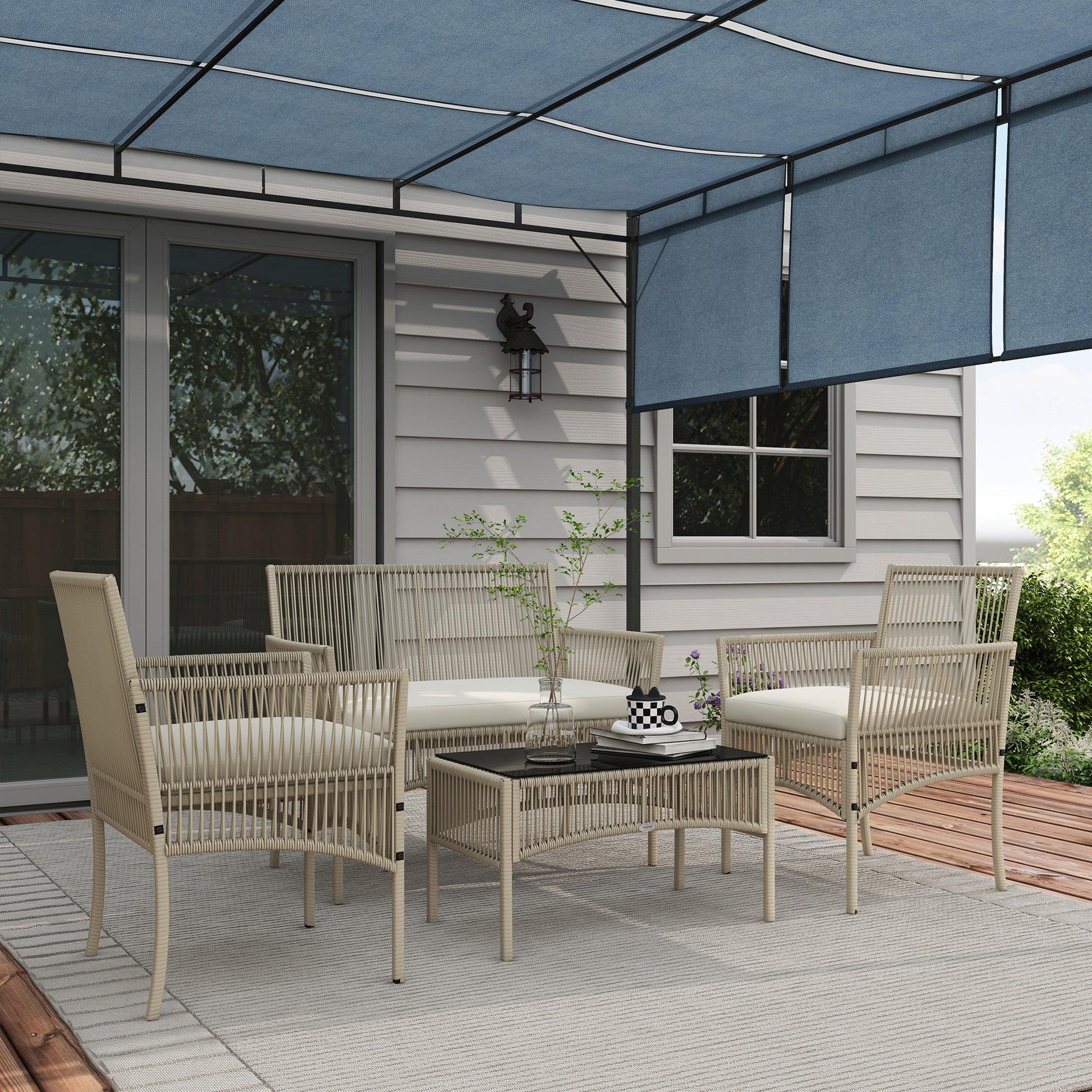 Outsunny Conjunto de Muebles de Jardín de Ratán Juego de 4 Piezas Muebles de Terraza con 1 Sofá de 2 Plazas 2 Sillones Cojines y 1 Mesa de Centro de Tablero de Vidrio para Patio Caqui