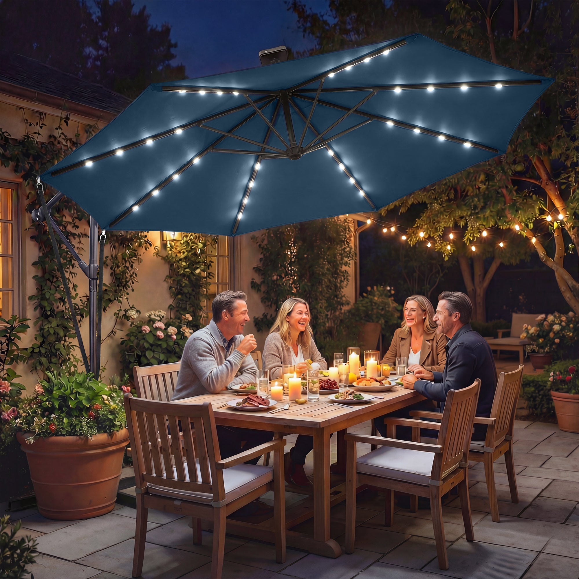 Outsunny Parasol Excéntrico con Luces LED Solares, Ø345 cm, Sombrilla de Jardín de Aluminio con Base Cruzada, Manivela, Funda Protectora, Cuerdas de Viento, UPF50+, para Terraza, Patio, Azul Marino