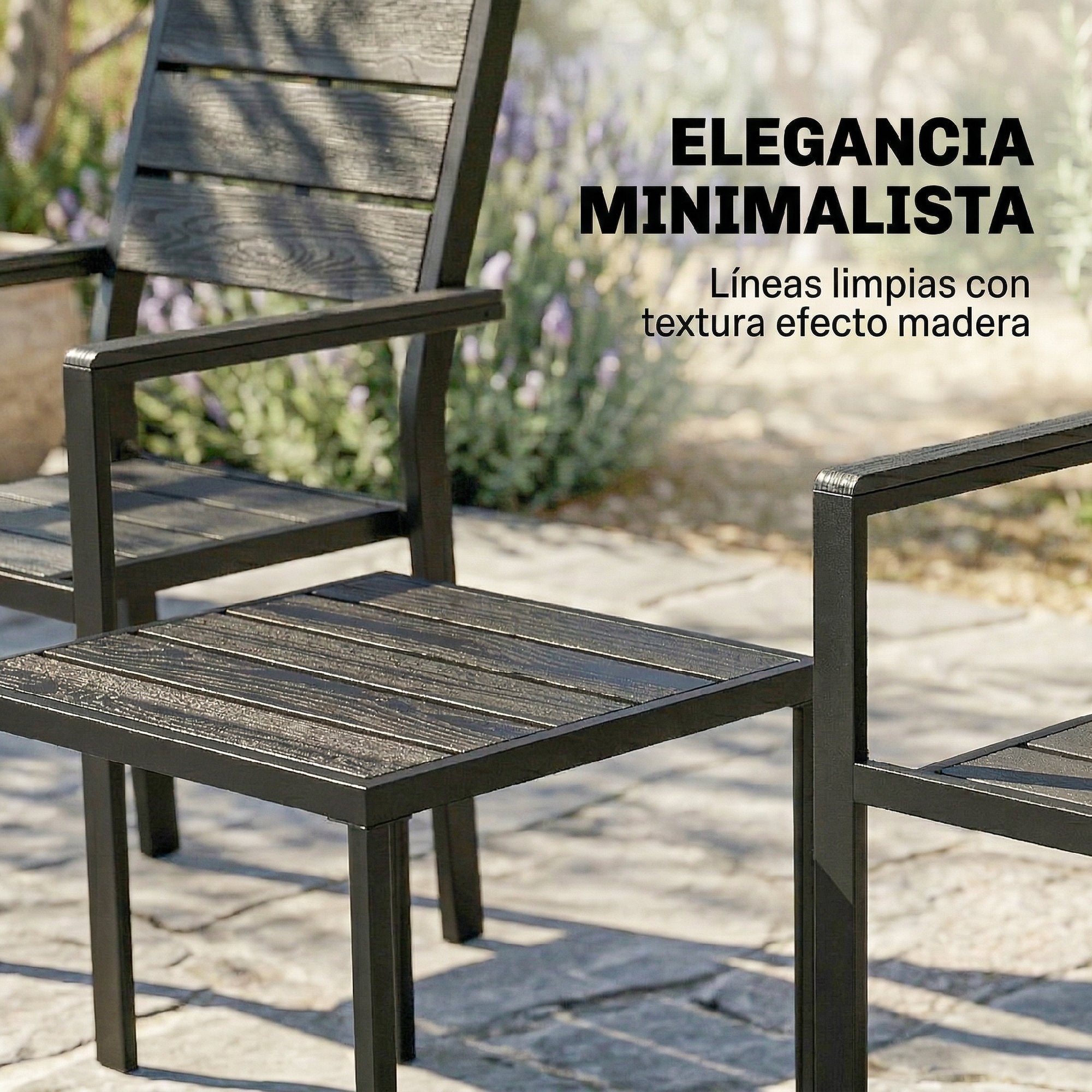 Outsunny Conjunto de Mesa y Sillas de Terraza Exterior de 3 Piezas Muebles de Jardín Exterior con 2 Sillas y Mesa de HDPE Diseño Listones Efecto Madera Marco Metal Resistente para Patio Balcón Negro