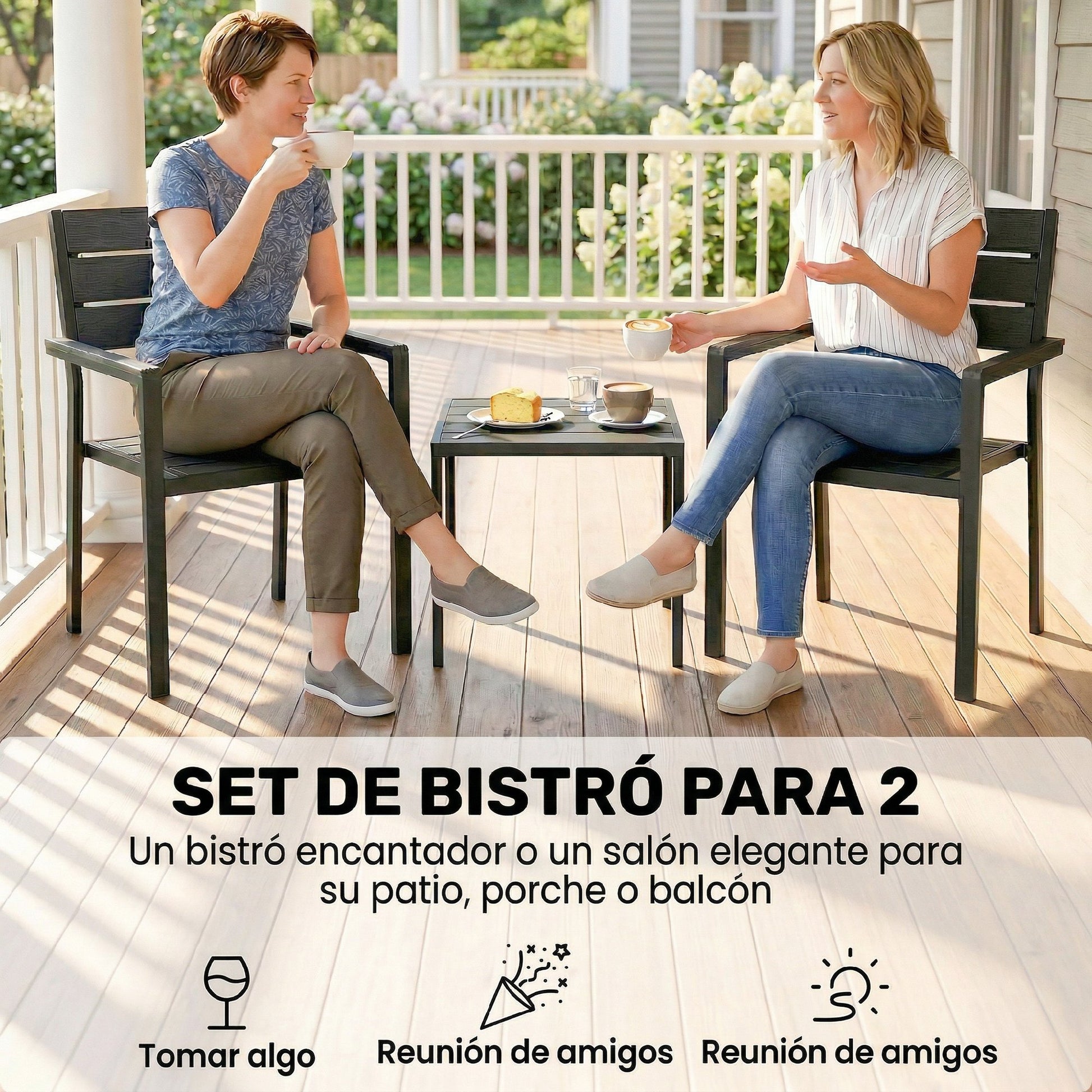 Outsunny Conjunto de Mesa y Sillas de Terraza Exterior de 3 Piezas Muebles de Jardín Exterior con 2 Sillas y Mesa de HDPE Diseño Listones Efecto Madera Marco Metal Resistente para Patio Balcón Negro