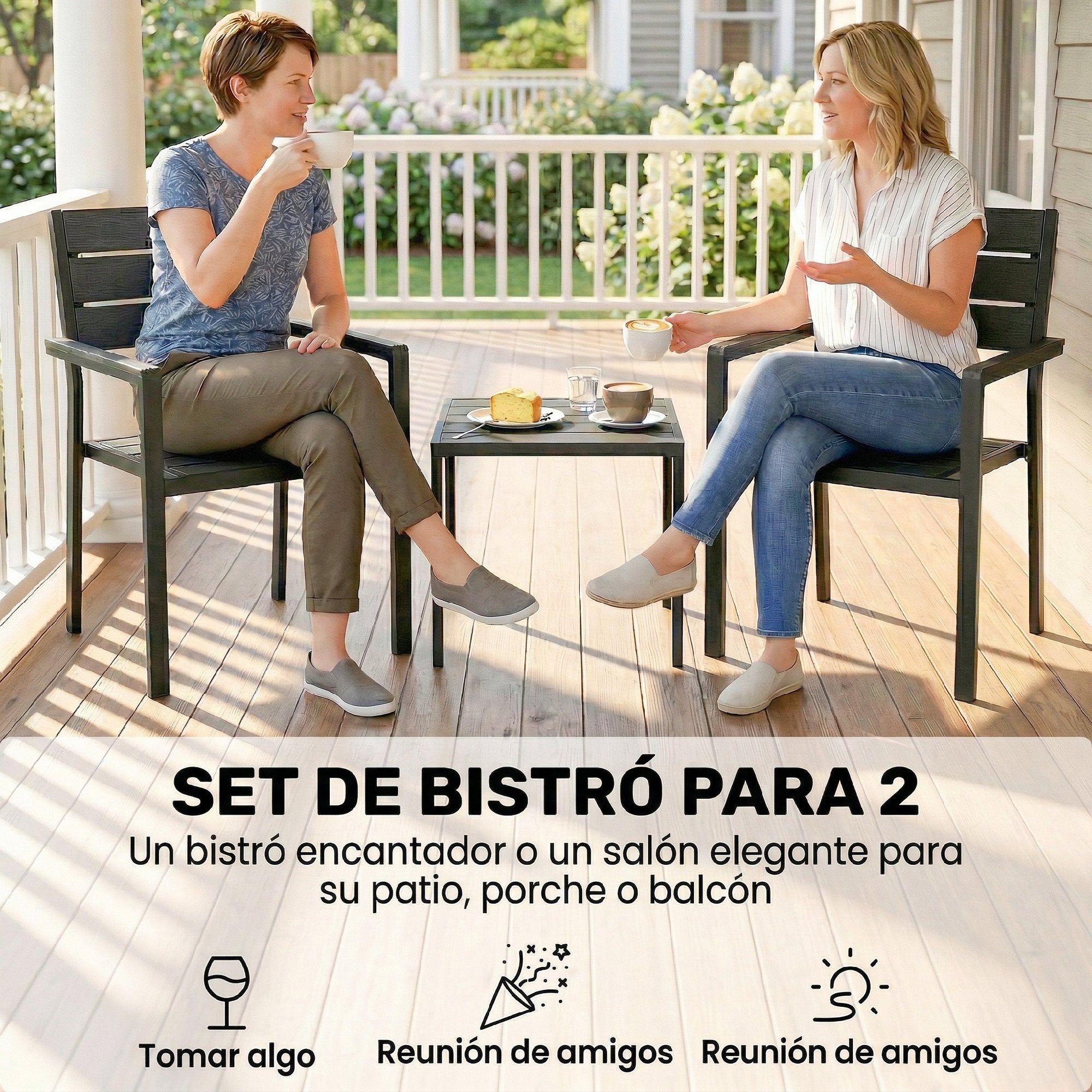 Outsunny Conjunto de Mesa y Sillas de Terraza Exterior de 3 Piezas Muebles de Jardín Exterior con 2 Sillas y Mesa de HDPE Diseño Listones Efecto Madera Marco Metal Resistente para Patio Balcón Negro