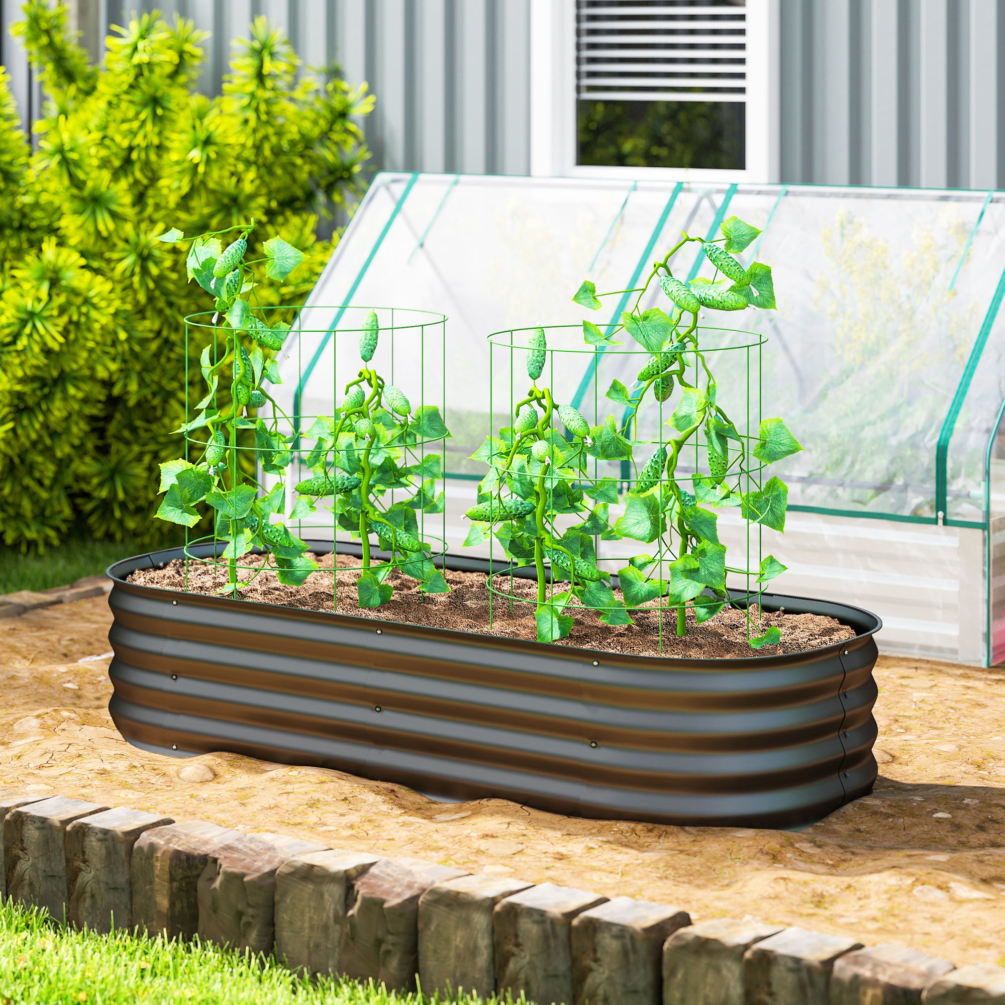 Outsunny Jardinera Exterior Grande de Acero Galvanizado, Huerto Urbano para Cultivar Plantas, Macetero Exterior con Bordes de Seguridad, Fácil Montaje, Resistente a la Intemperie, 150x62x30 cm, Gris