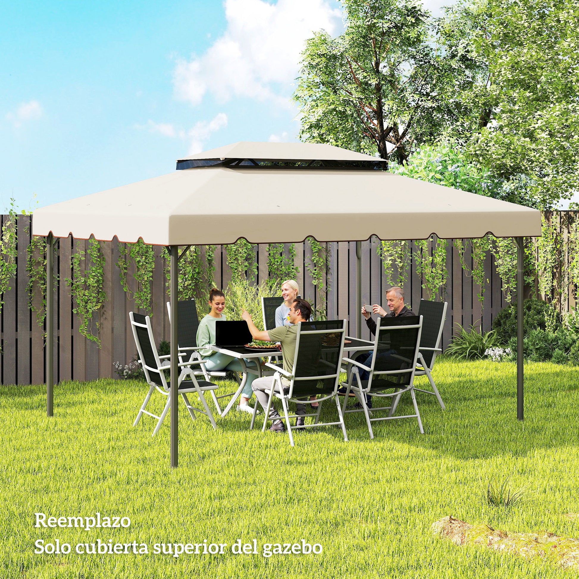 Outsunny Techo de Repuesto para Cenador, 4x3 m, Cubierta de Repuesto con Doble Techo, 8 Orificios de Drenaje, SOLO Toldo de Recambio para Pabellón Gazebo, Beige