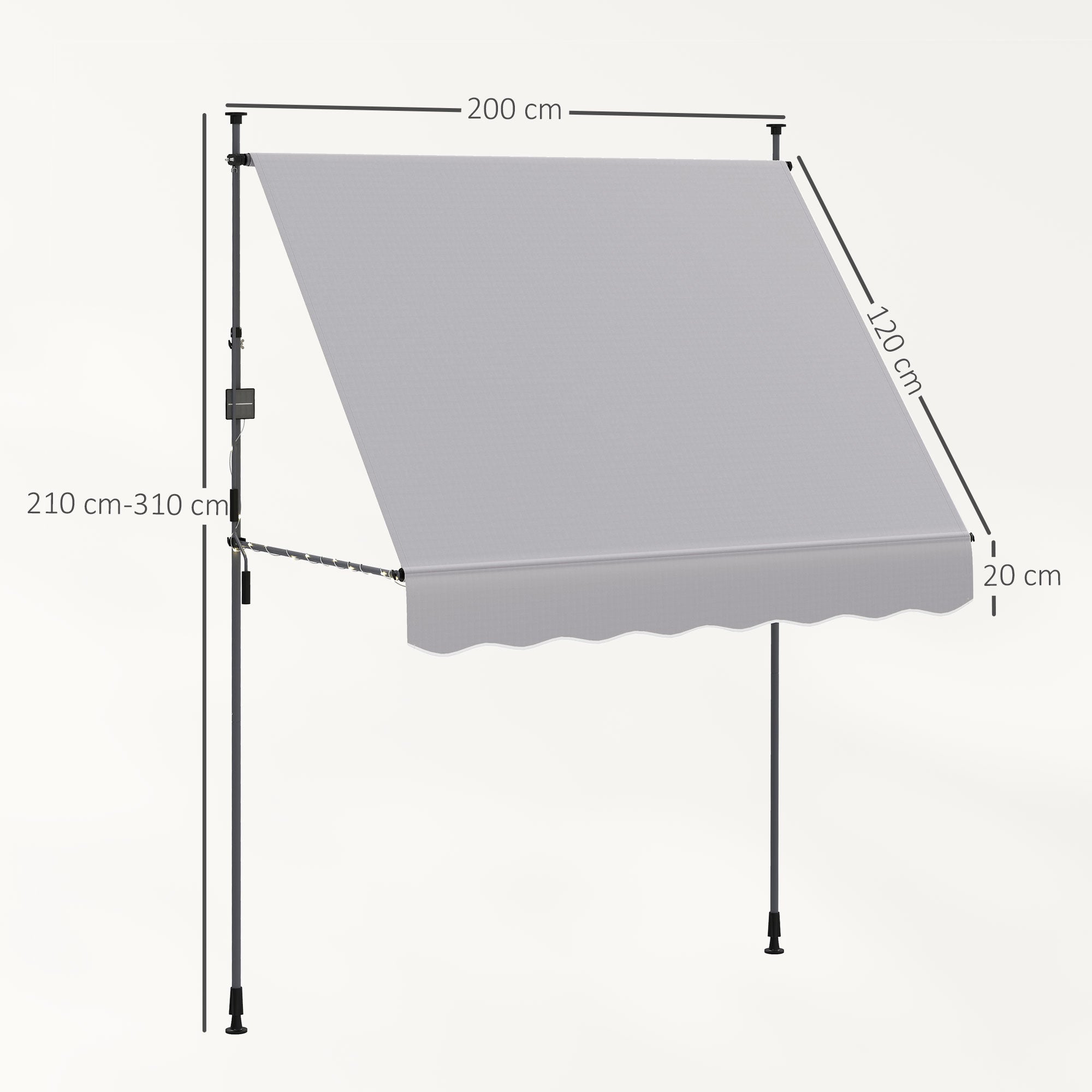Outsunny Toldo Manual Retráctil 2x1,2 m Toldo Exterior Terraza Enrollable Altura Ajustable con Manivela 210-310 cm Protección UV30+ Sin Taladro para Jardín Balcón Patio Gris