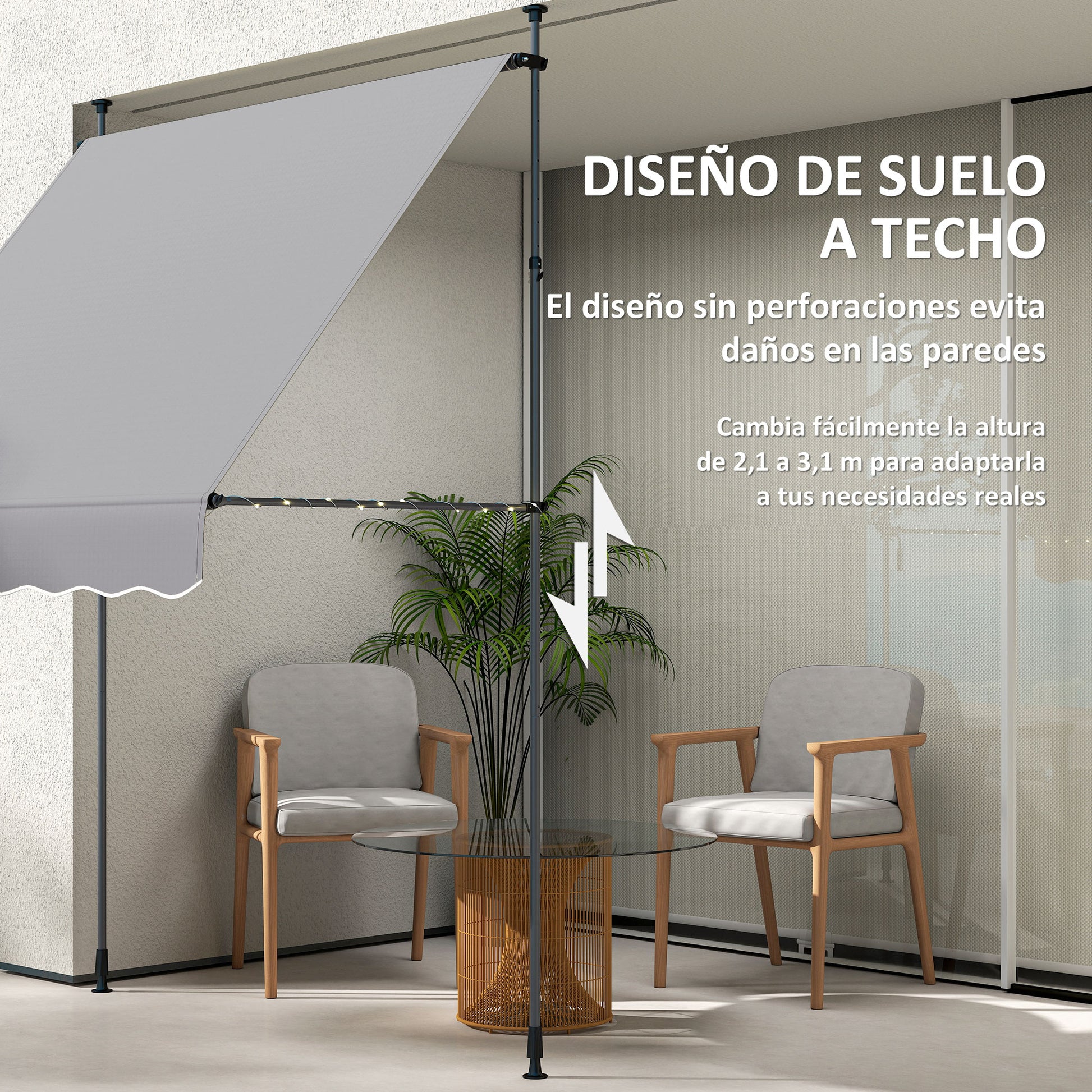 Outsunny Toldo Manual Retráctil 2x1,2 m Toldo Exterior Terraza Enrollable Altura Ajustable con Manivela 210-310 cm Protección UV30+ Sin Taladro para Jardín Balcón Patio Gris