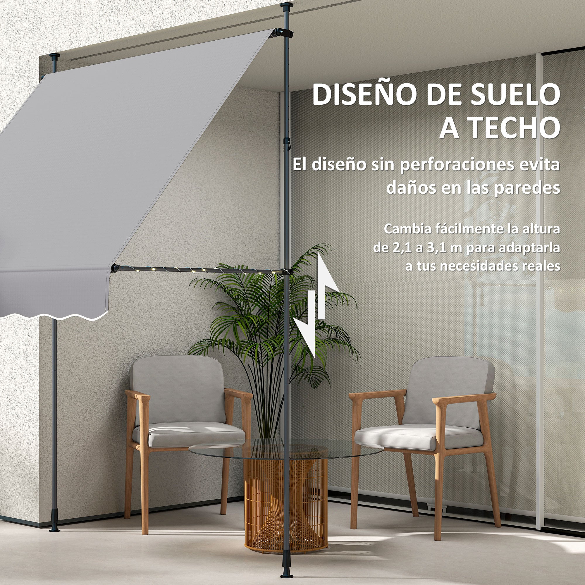 Outsunny Toldo Manual Retráctil 2x1,2 m Toldo Exterior Terraza Enrollable Altura Ajustable con Manivela 210-310 cm Protección UV30+ Sin Taladro para Jardín Balcón Patio Gris