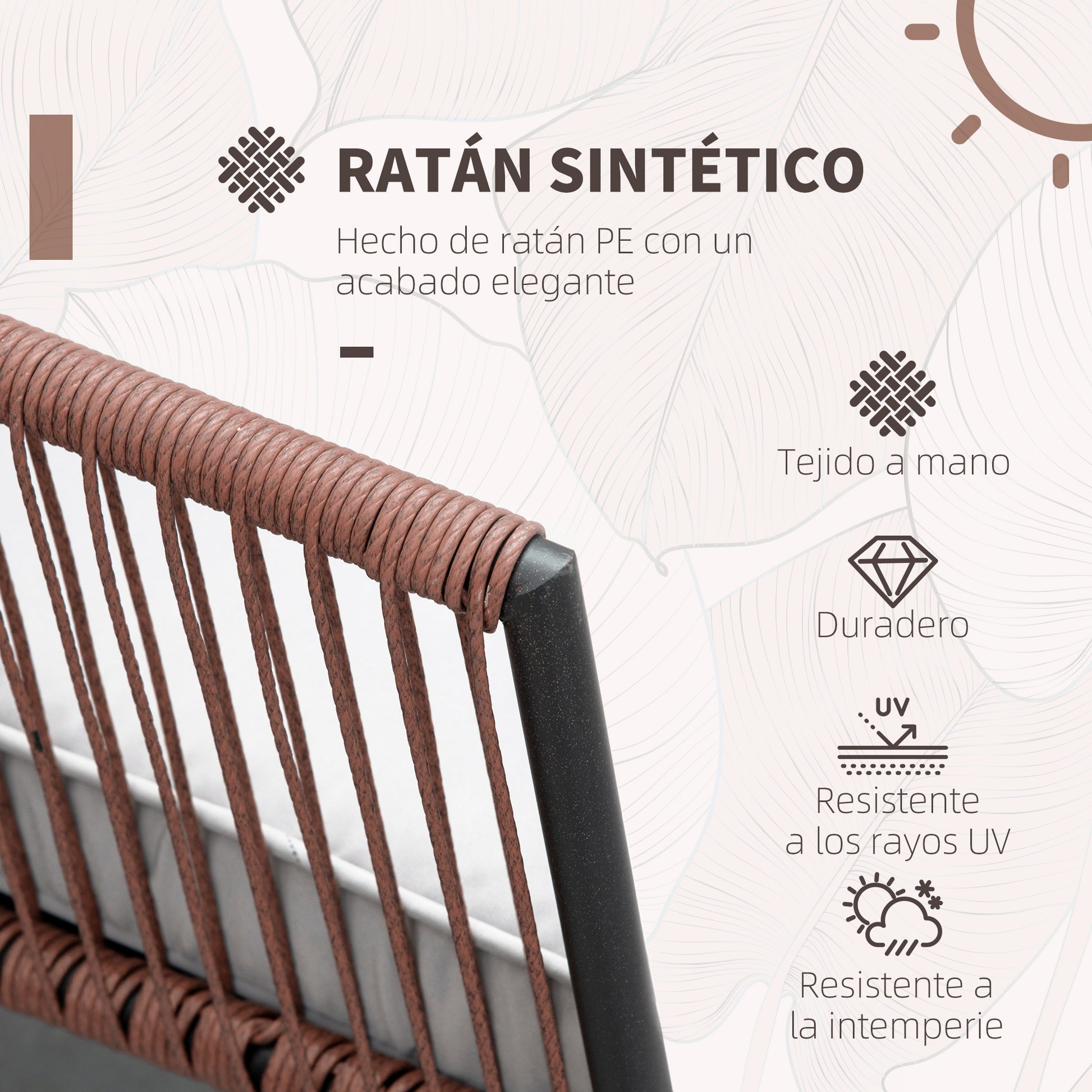 Outsunny Conjunto de Muebles de Jardín de Ratán Sintético 3 Piezas Conjunto de Mesa y 2 Sillas de Ratán con Cojines Acolchados Extraíbles para Balcón Terraza Patio Teca y Gris
