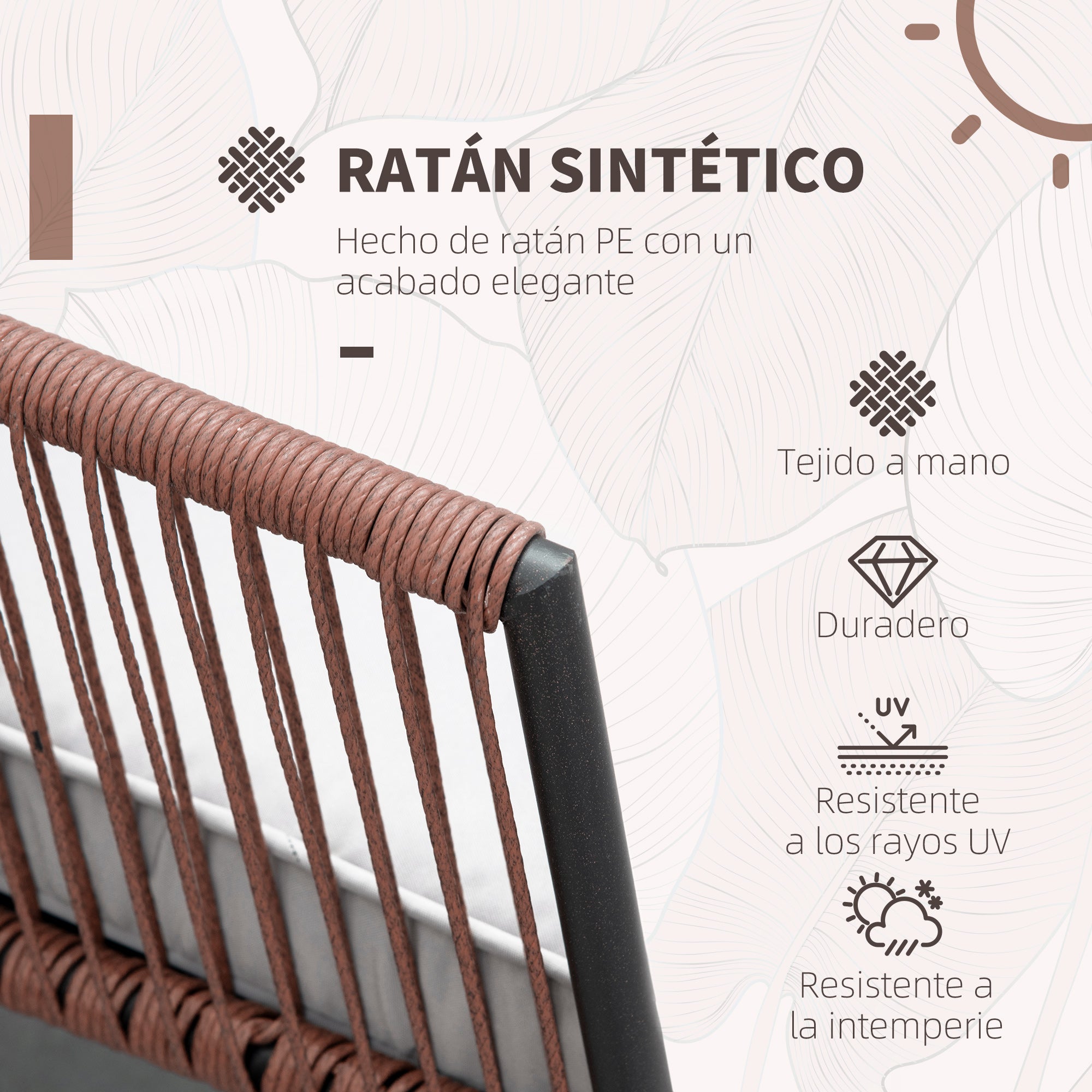 Outsunny Conjunto de Muebles de Jardín de Ratán Sintético 3 Piezas Conjunto de Mesa y 2 Sillas de Ratán con Cojines Acolchados Extraíbles para Balcón Terraza Patio Teca y Gris