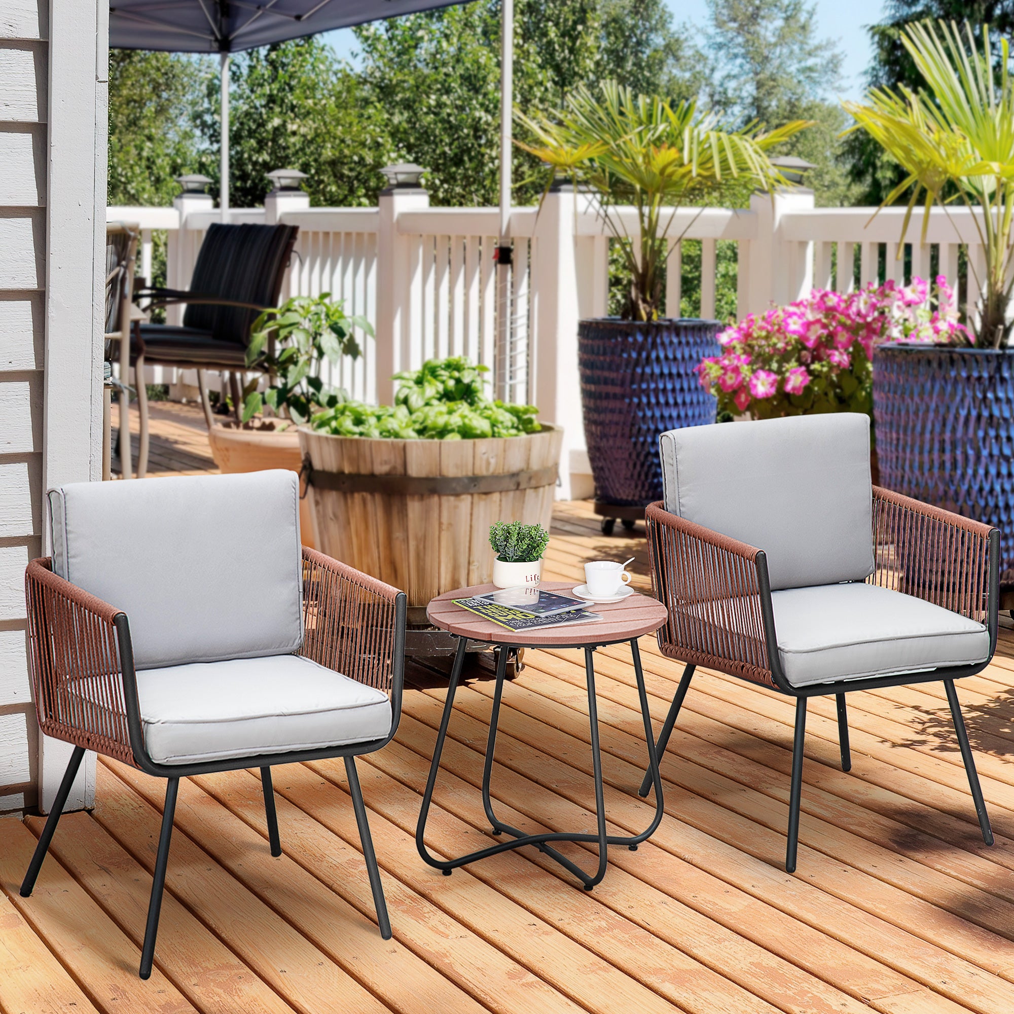 Outsunny Conjunto de Muebles de Jardín de Ratán Sintético 3 Piezas Conjunto de Mesa y 2 Sillas de Ratán con Cojines Acolchados Extraíbles para Balcón Terraza Patio Teca y Gris