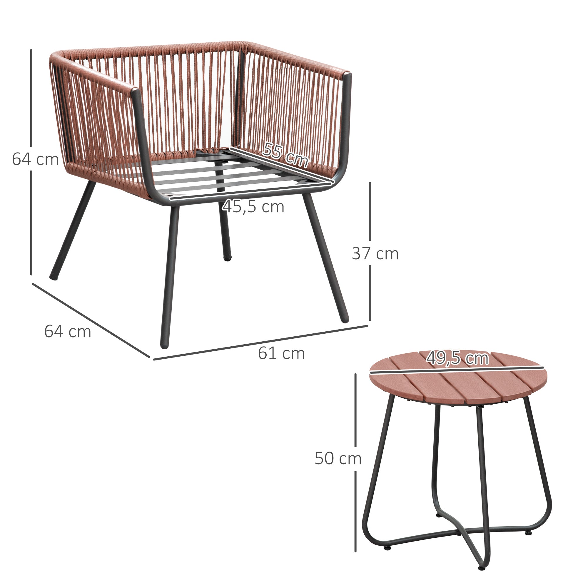 Outsunny Conjunto de Muebles de Jardín de Ratán Sintético 3 Piezas Conjunto de Mesa y 2 Sillas de Ratán con Cojines Acolchados Extraíbles para Balcón Terraza Patio Teca y Gris
