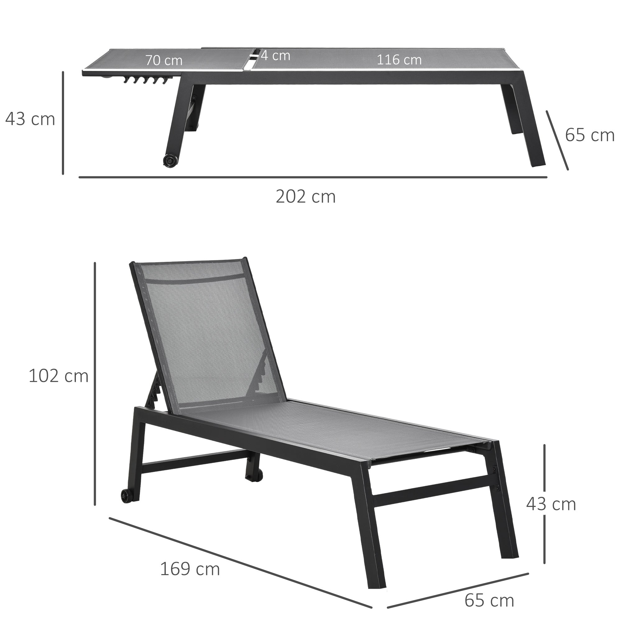 Outsunny Conjunto de 2 Tumbonas de Jardín de Aluminio Tumbonas de Exterior con 2 Ruedas Respaldo Reclinable en 5 Posiciones Carga 120 kg para Patio Terraza 169x65x102 cm Gris