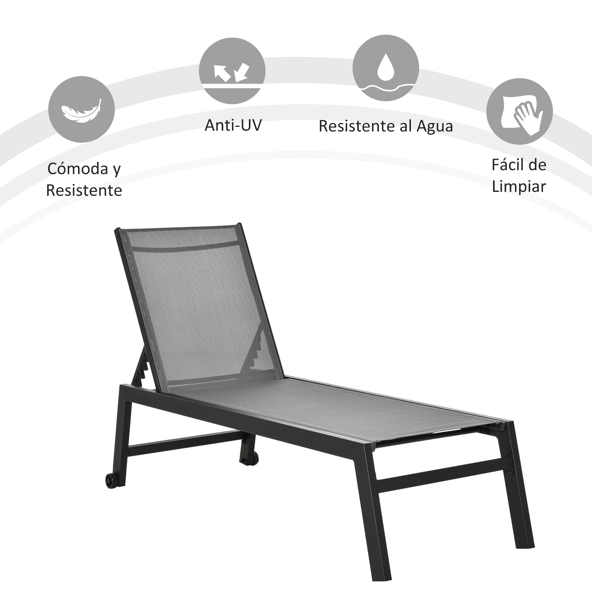 Outsunny Conjunto de 2 Tumbonas de Jardín de Aluminio Tumbonas de Exterior con 2 Ruedas Respaldo Reclinable en 5 Posiciones Carga 120 kg para Patio Terraza 169x65x102 cm Gris