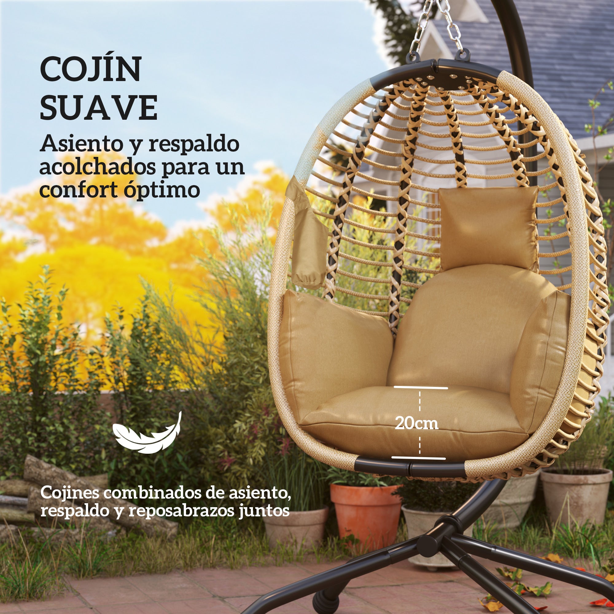 Outsunny Silla Colgante Huevo con Soporte Columpio de Jardín Exterior con Cesta Plegable Reposacabezas Cojín Bolsillo Lateral Columpio Colgante para Interior y Exterior Carga 120 kg Beige